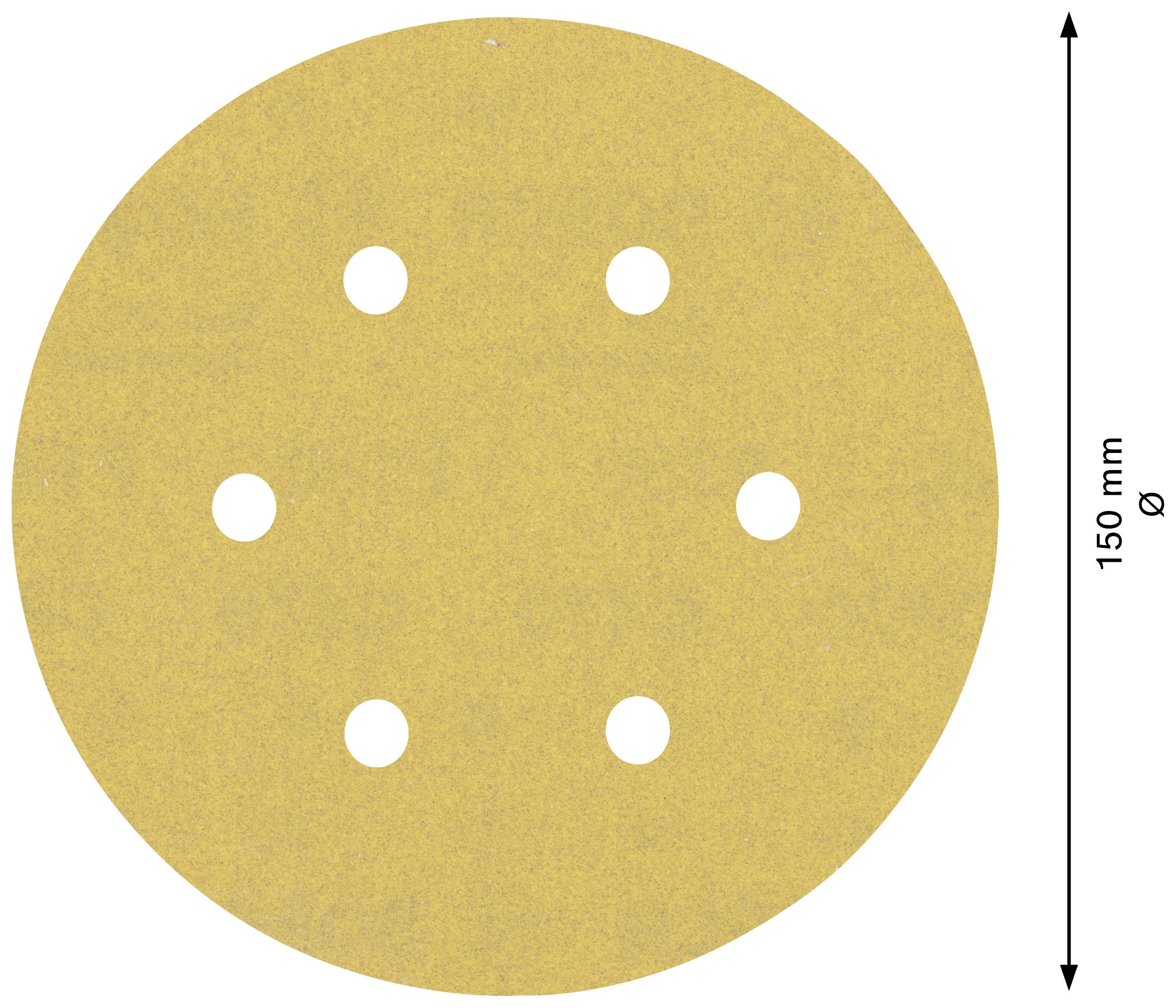 Rundes Schleifpapier mit Durchmesser 150 mm und sechs Löchern, symmetrisch angeordnet.