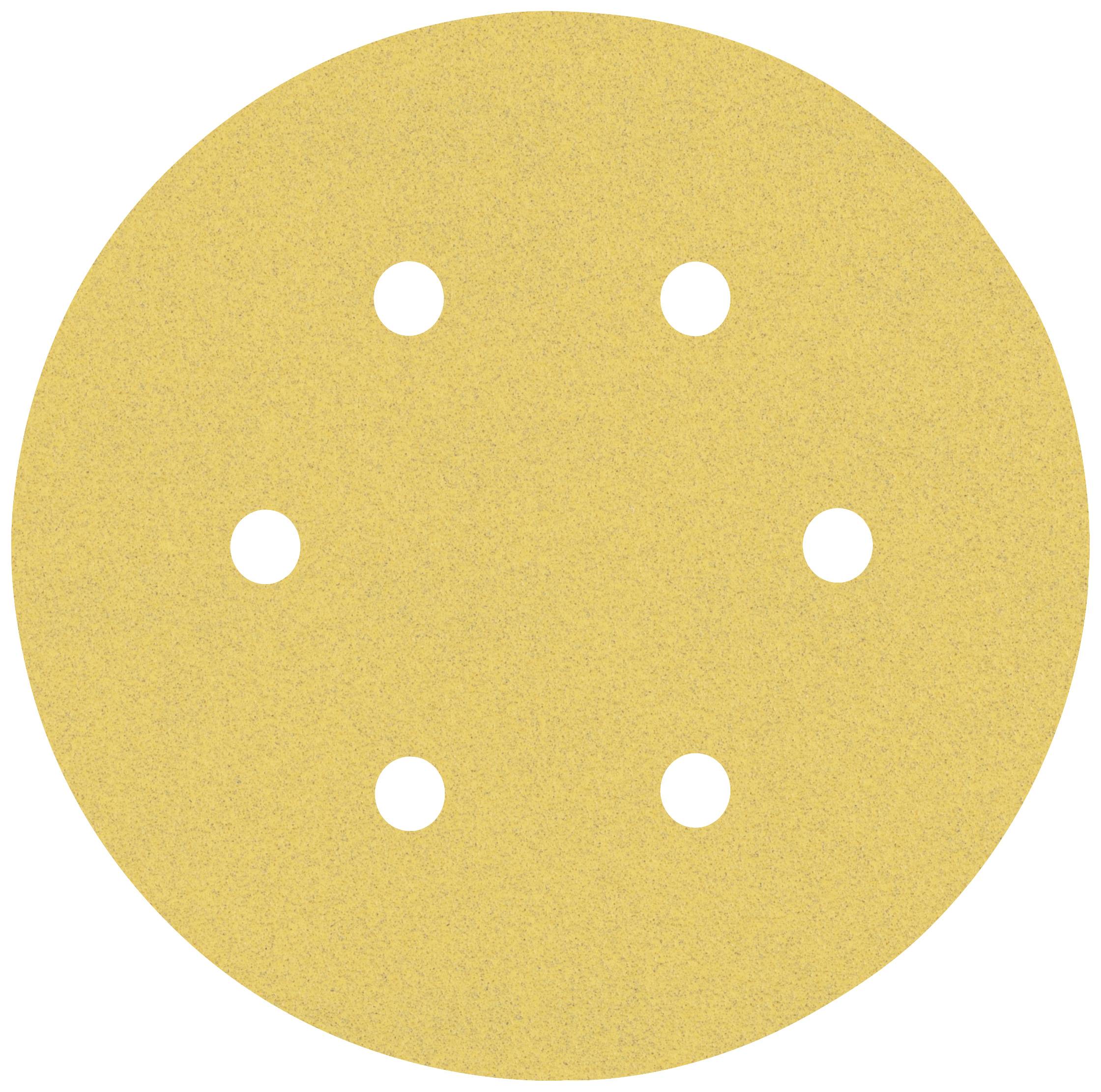 Kreisförmiges Schleifpapier mit sechs Löchern, gelb. Verwendet für Schleifmaschinen.