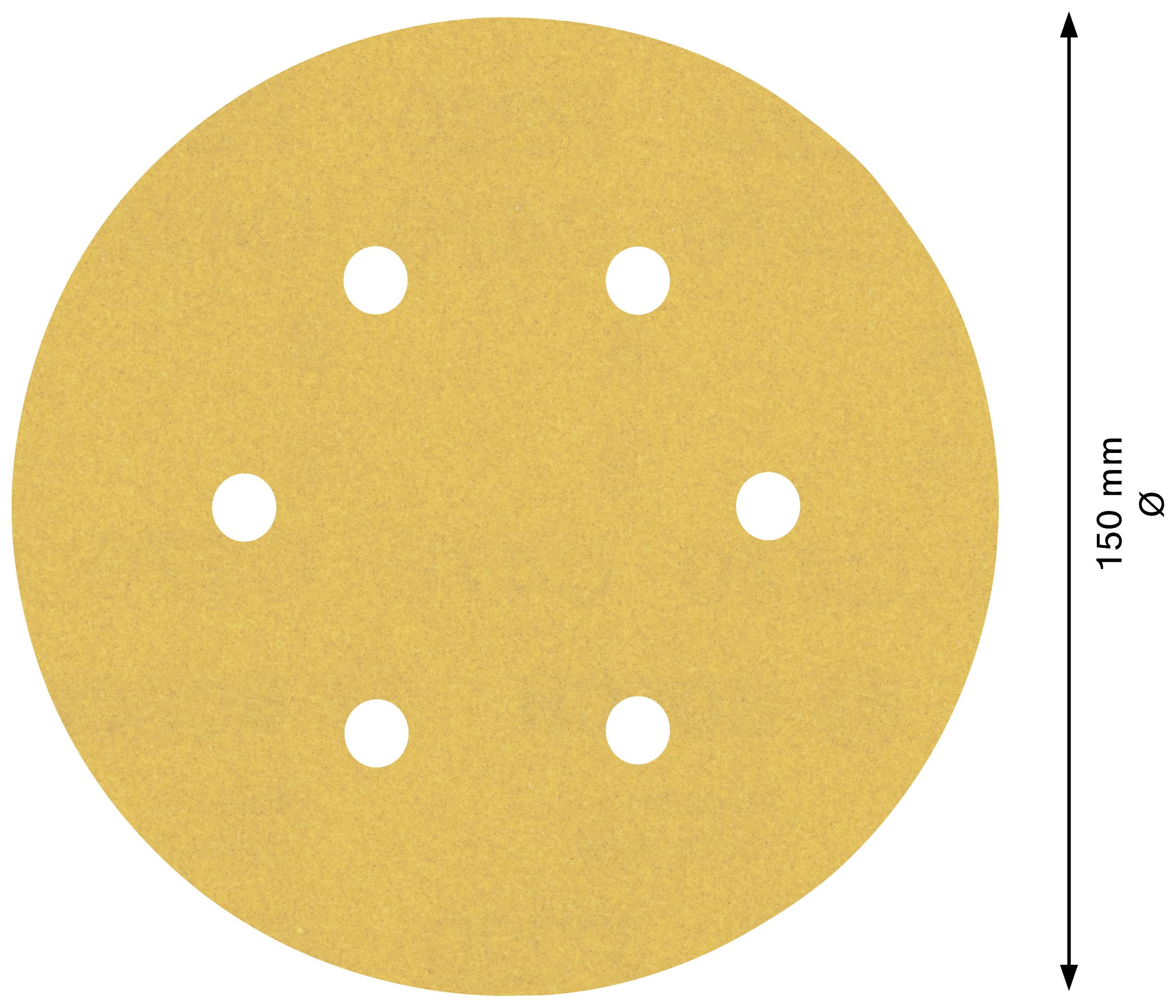 Schleifscheibe mit 6 Löchern, 150 mm Durchmesser, gelbe Farbe.