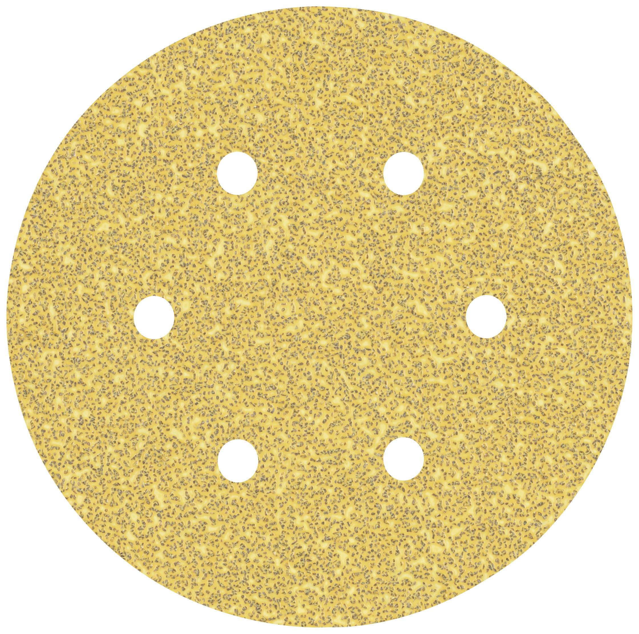 Ein rundes, sandfarbenes Schleifpad mit sechs symmetrisch angeordneten Löchern.