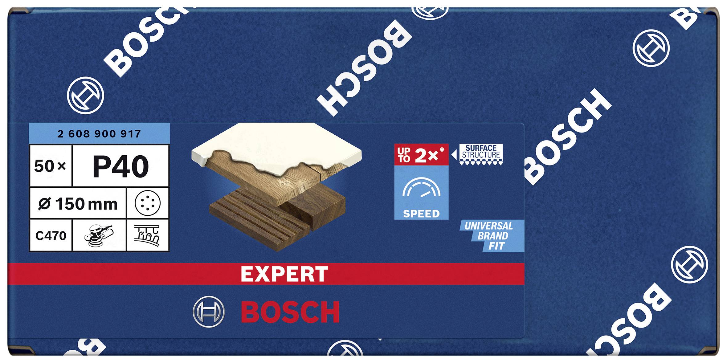 Produktverpackung für Bosch Schleifpapier Expert P40, geeignet für 150 mm Durchmesser. Zeigt Holz, Symbolen für Geschwindigkeit und Oberflächeneinsatz.