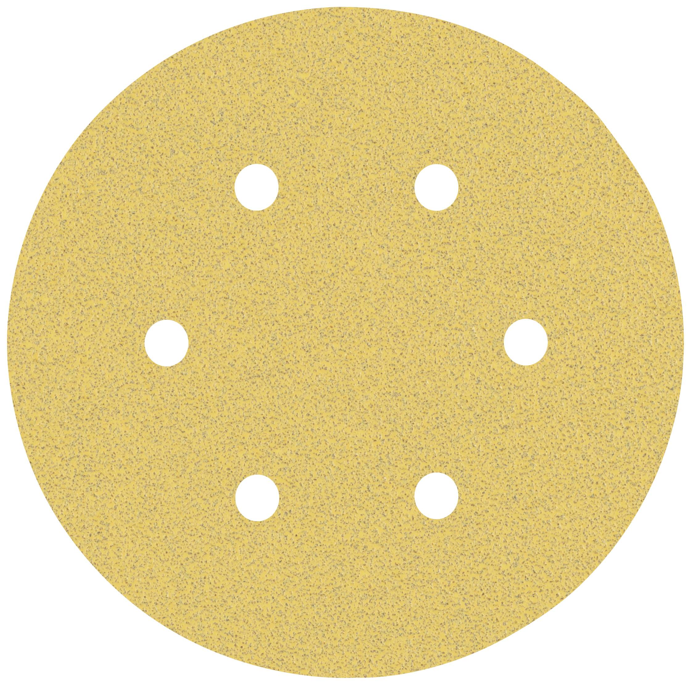 Runder Schleifpapierbogen mit sechs Löchern, goldene Farbe, oft für Schleifarbeiten auf Holz oder Metall verwendet.