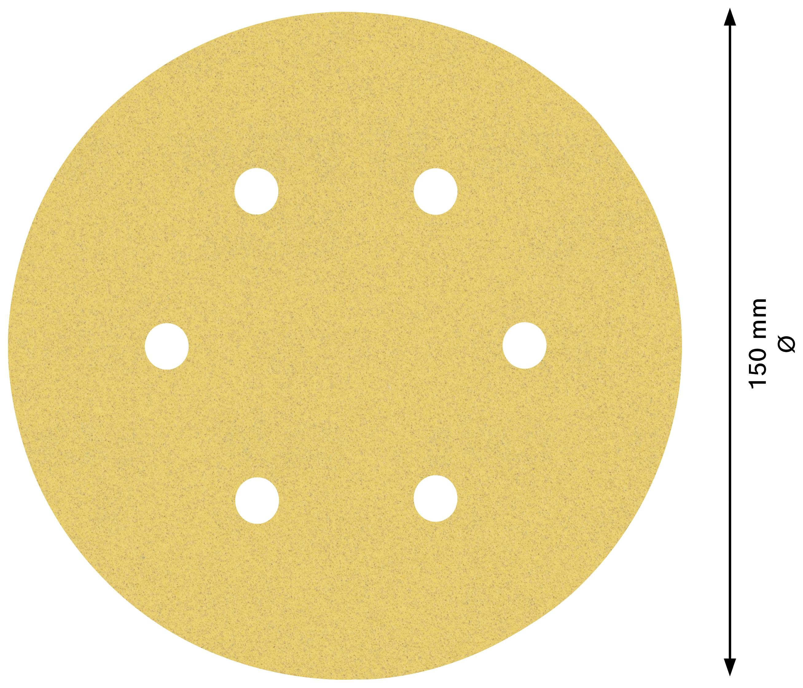 Kreisförmiges Schleifpapier, goldfarben, 150 mm Durchmesser, mit sechs Löchern.