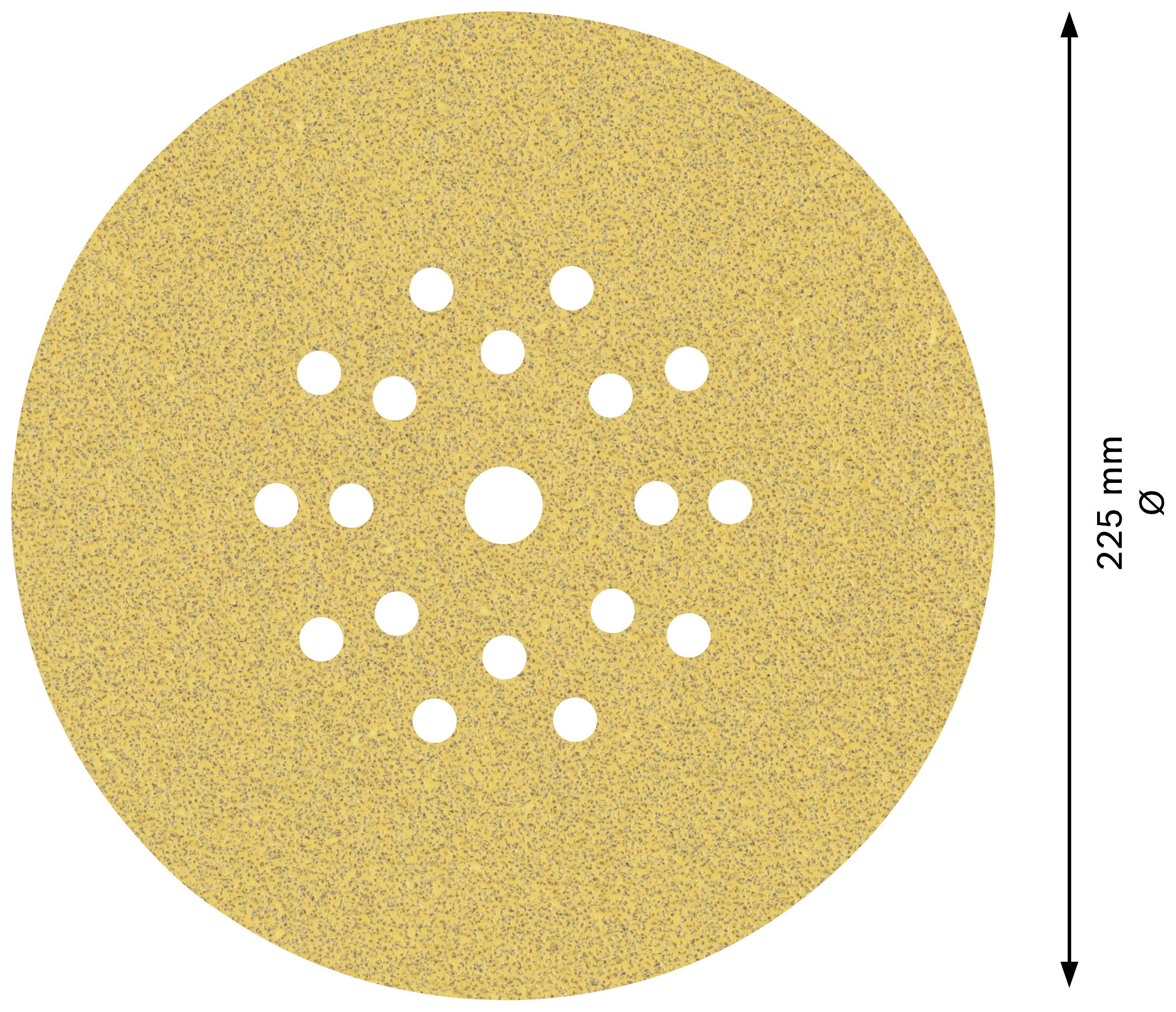 Schleifscheibe mit mehreren Löchern, Durchmesser 225 mm, auf hellem Hintergrund.