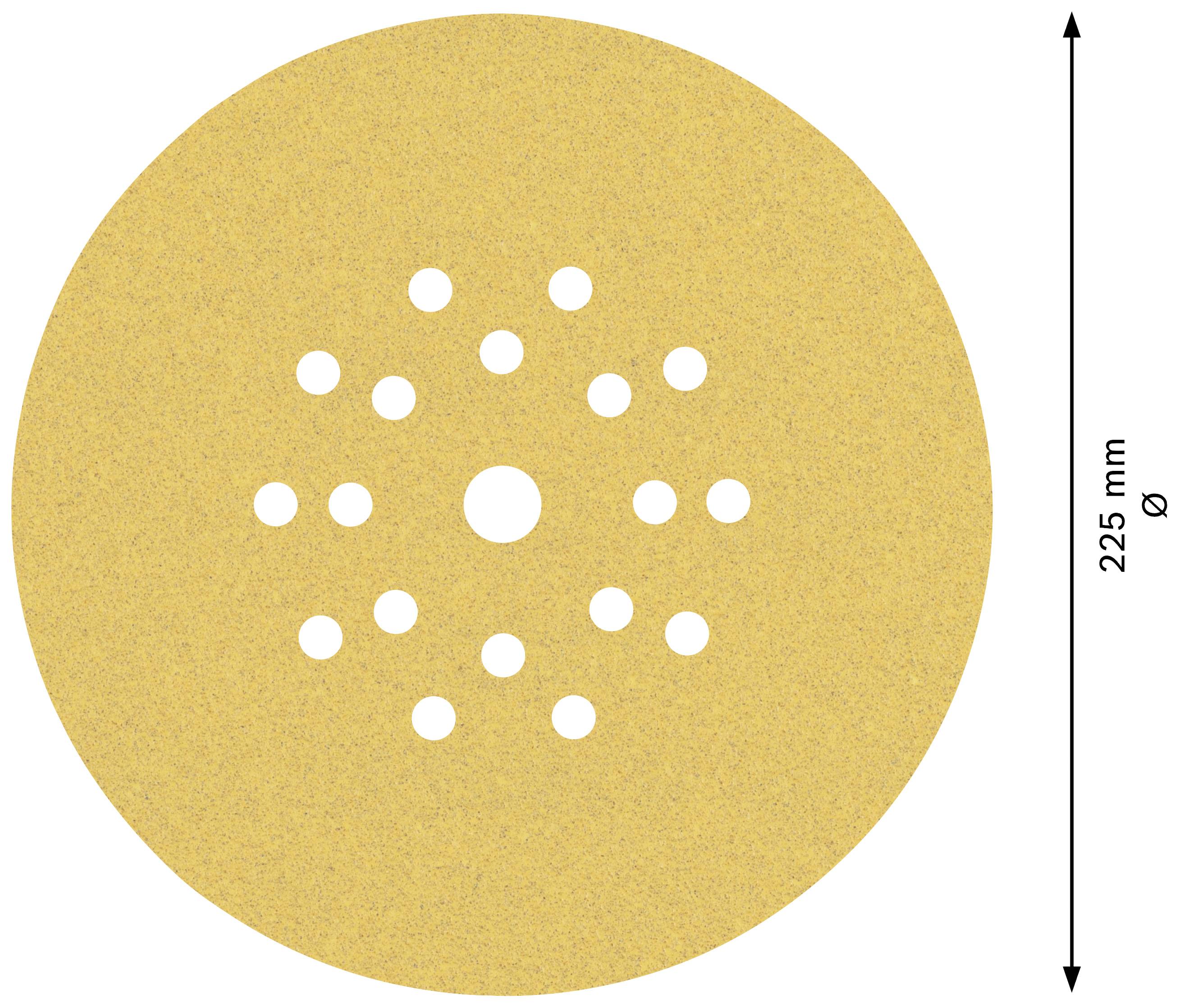 Rundes Schleifpapier, 225 mm Durchmesser, mit zentralem Loch und mehreren umgebenden Löchern für Staubabsaugung.