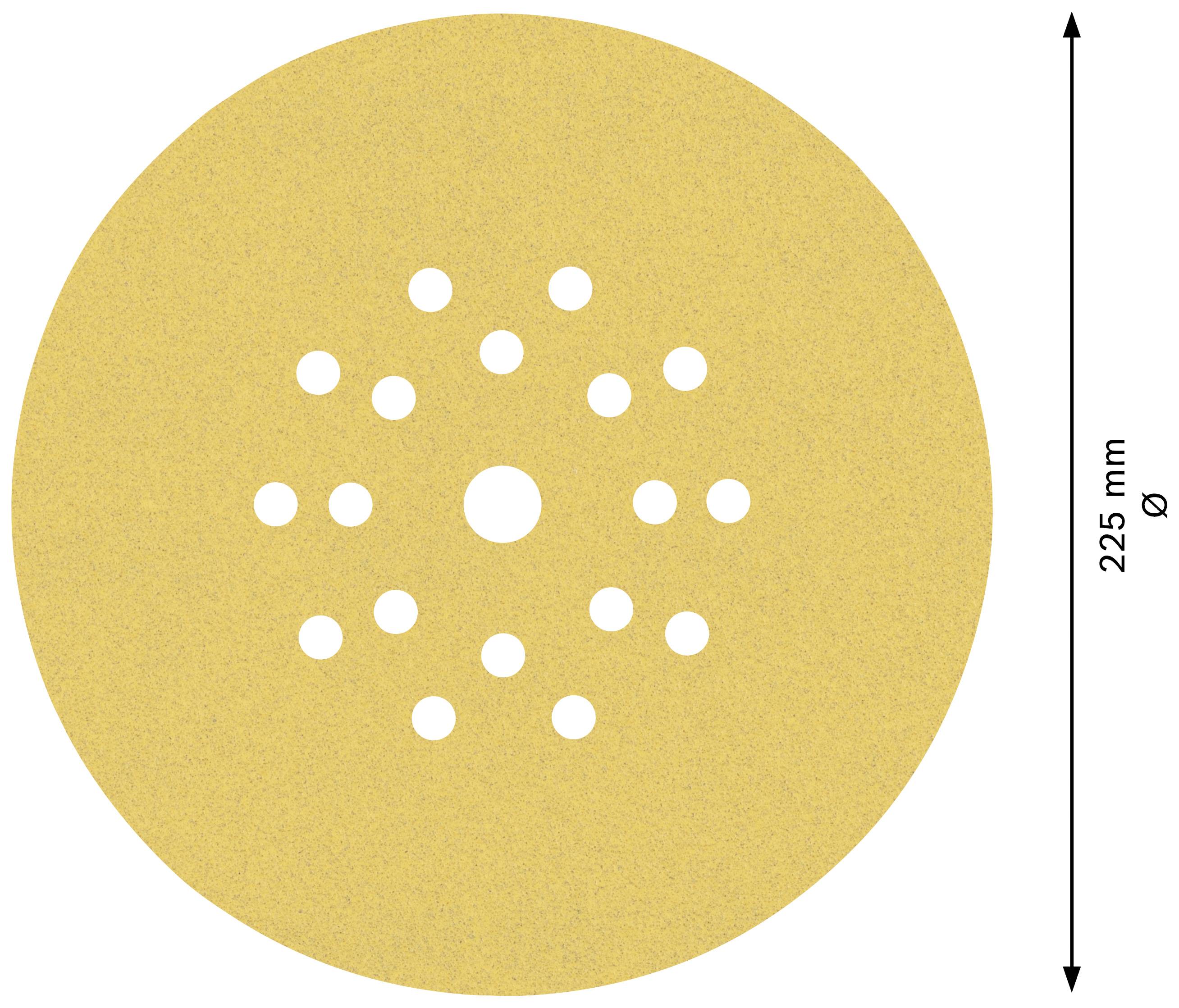 Ein runder, sandfarbener Schleifpapierbogen mit 18 Löchern unterschiedlicher Größe; Durchmesser 225 mm.