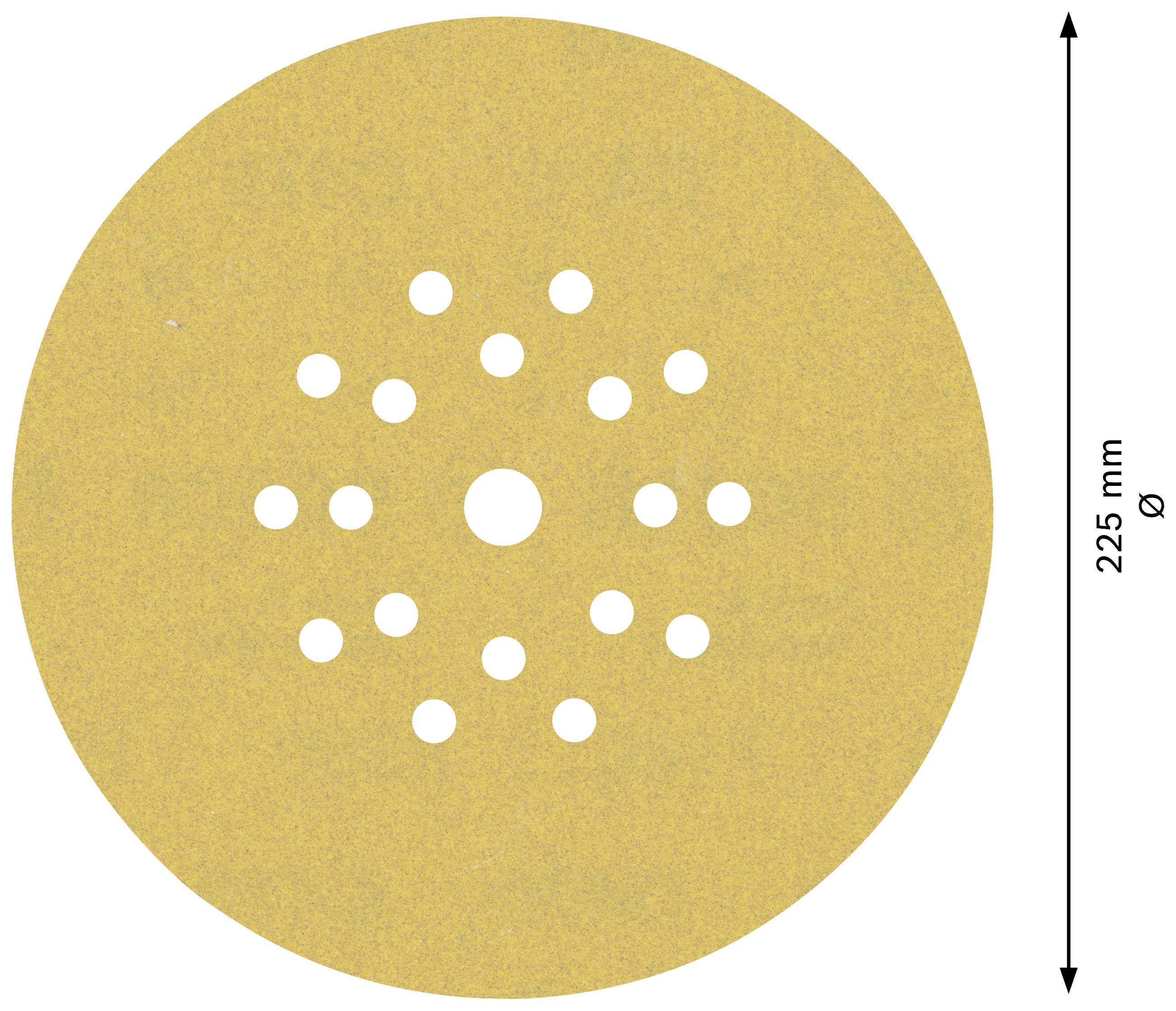 Runde Schleifscheibe aus Sandpapier mit Löchern, 225 mm Durchmesser.