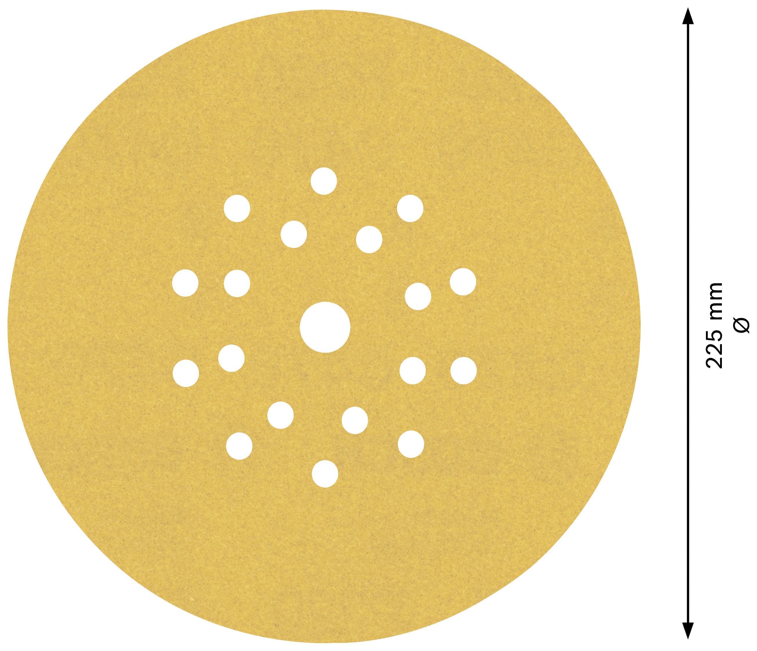 Ein kreisförmiges Schleifpapier mit einem Durchmesser von 225 mm, das mehrere Löcher unterschiedlicher Größe in konzentrischen Kreisen enthält.