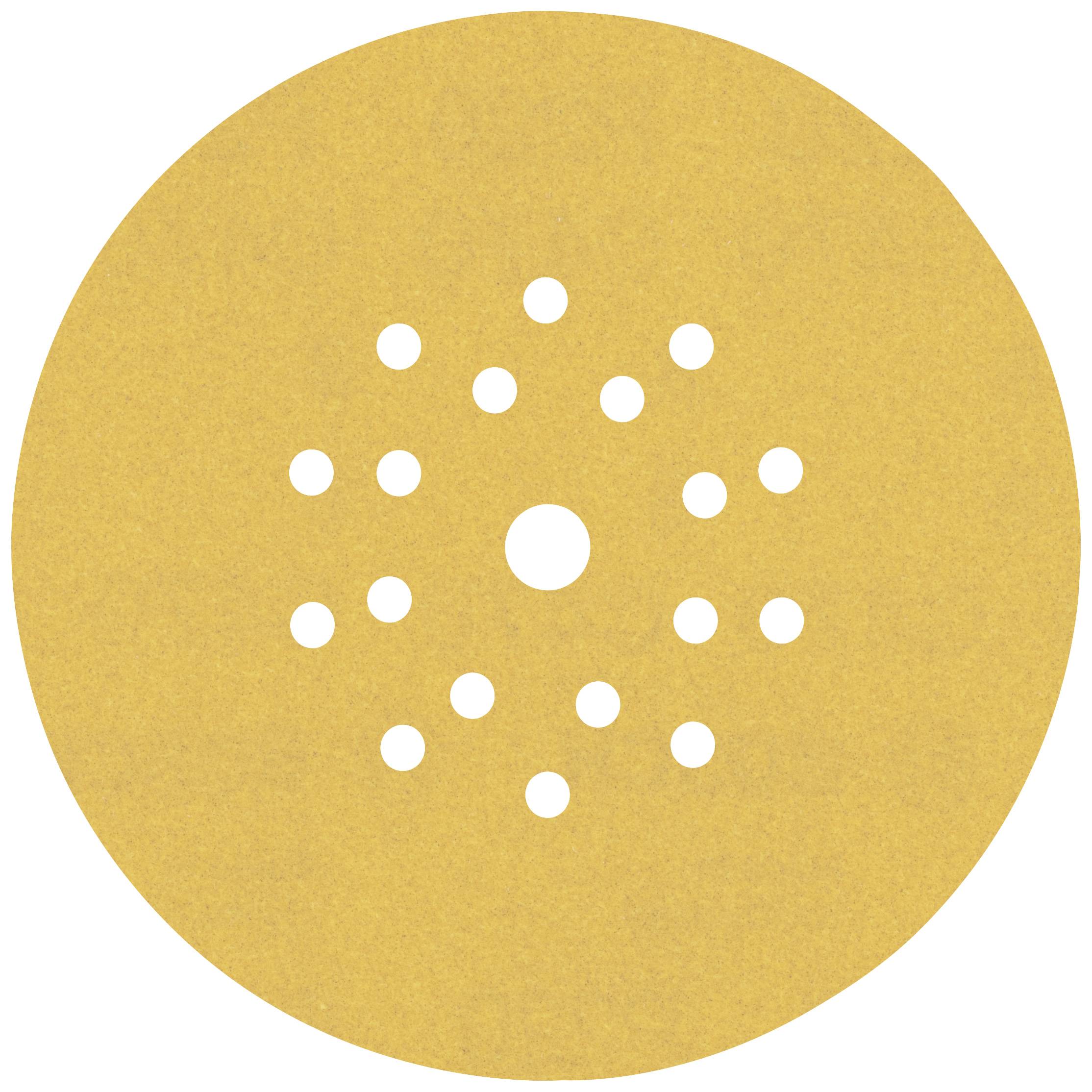 Kreisförmiges Schleifpapier mit mehreren Löchern zentral angeordnet, auf gelbem Hintergrund.