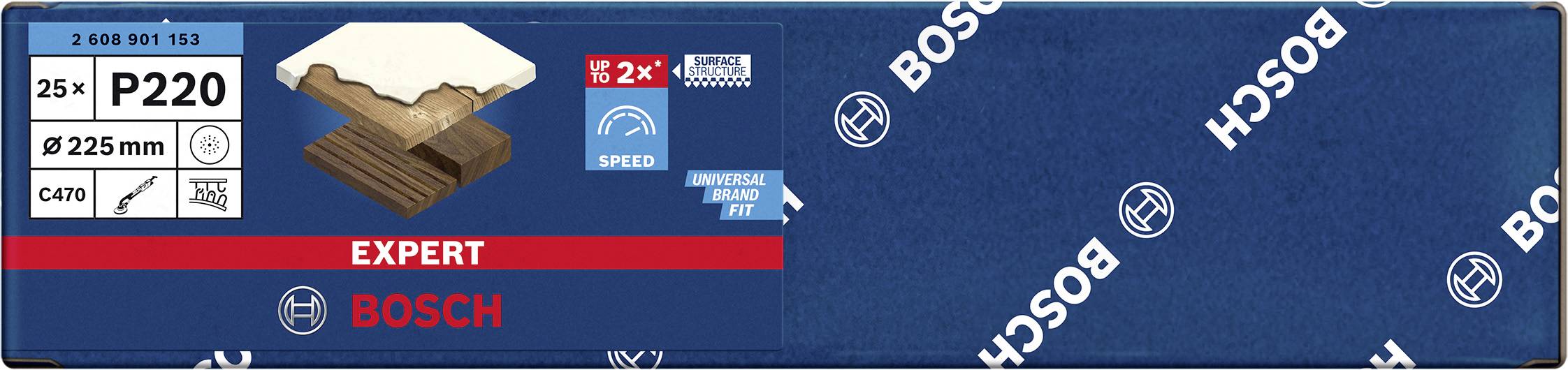 Bosch Schleifpapier P220, 25 Stück, Durchmesser 225 mm. Geeignet für Holzoberflächen. Markenlogo und Verpackungsdetails sichtbar.