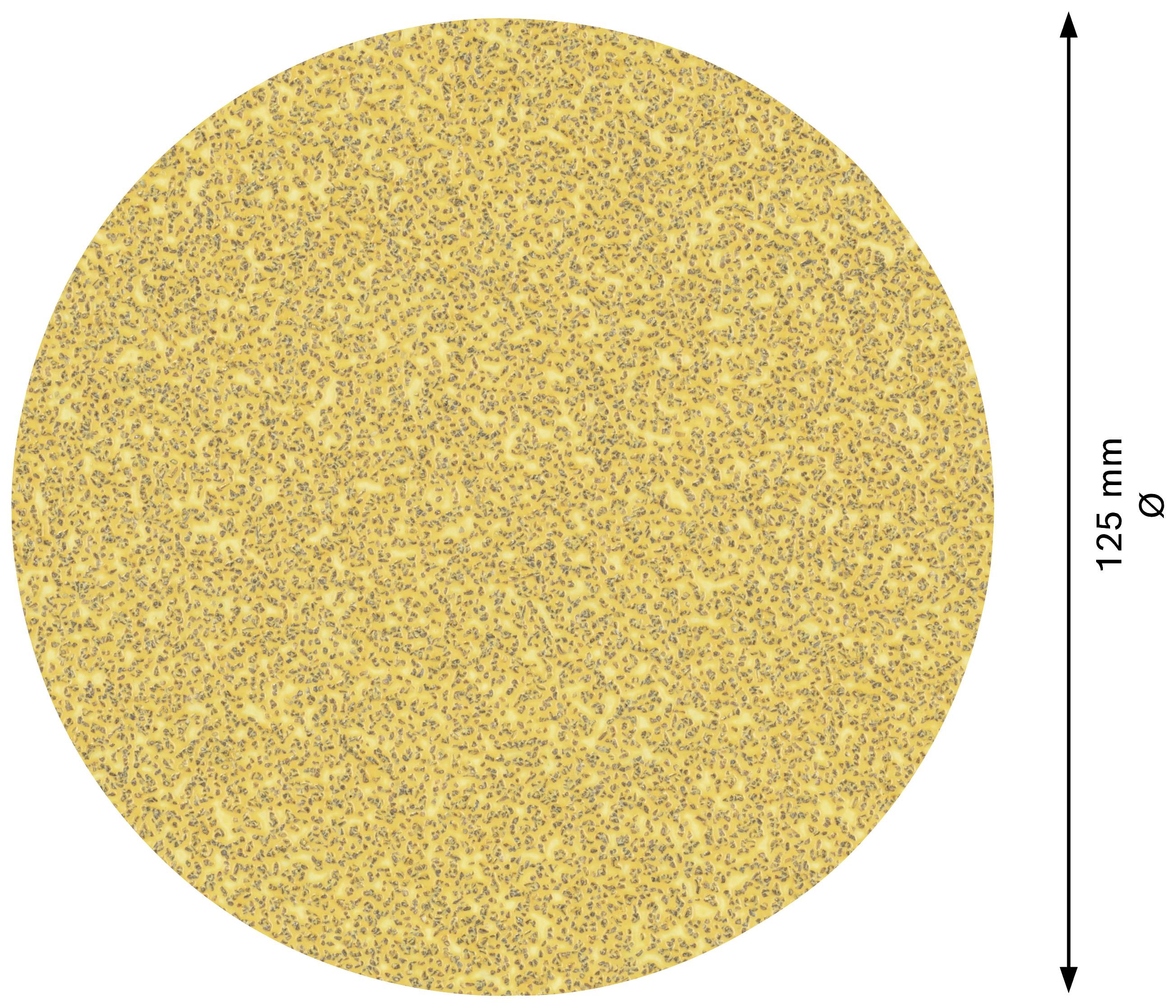 Ein runder Schleifschwamm mit einem Durchmesser von 125 mm in gelber Farbe, gesprenkelt mit dunkleren Punkten.