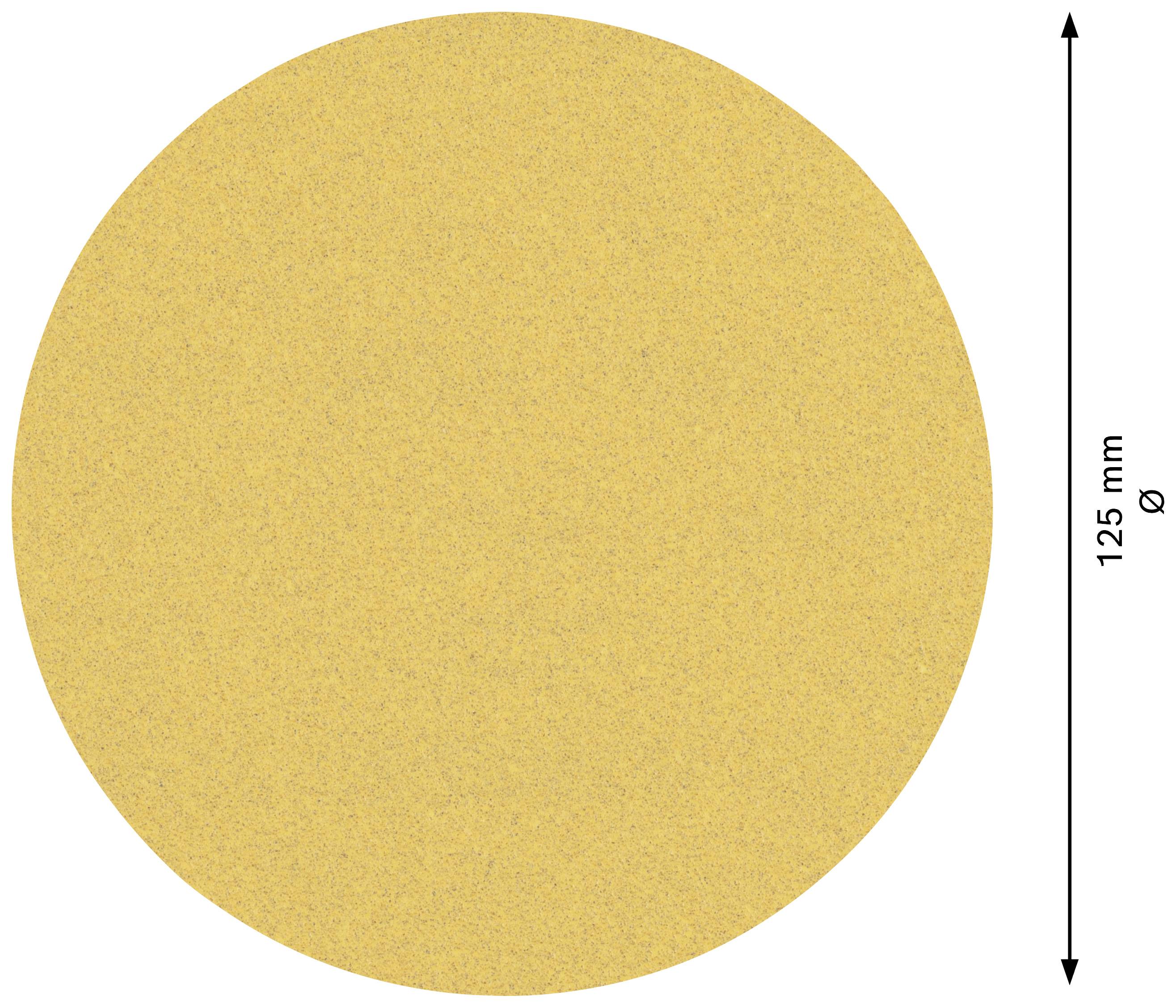 Eine kreisförmige Schleifscheibe mit einem Durchmesser von 125 mm. Die Scheibe ist aus gelbem Schleifmaterial.