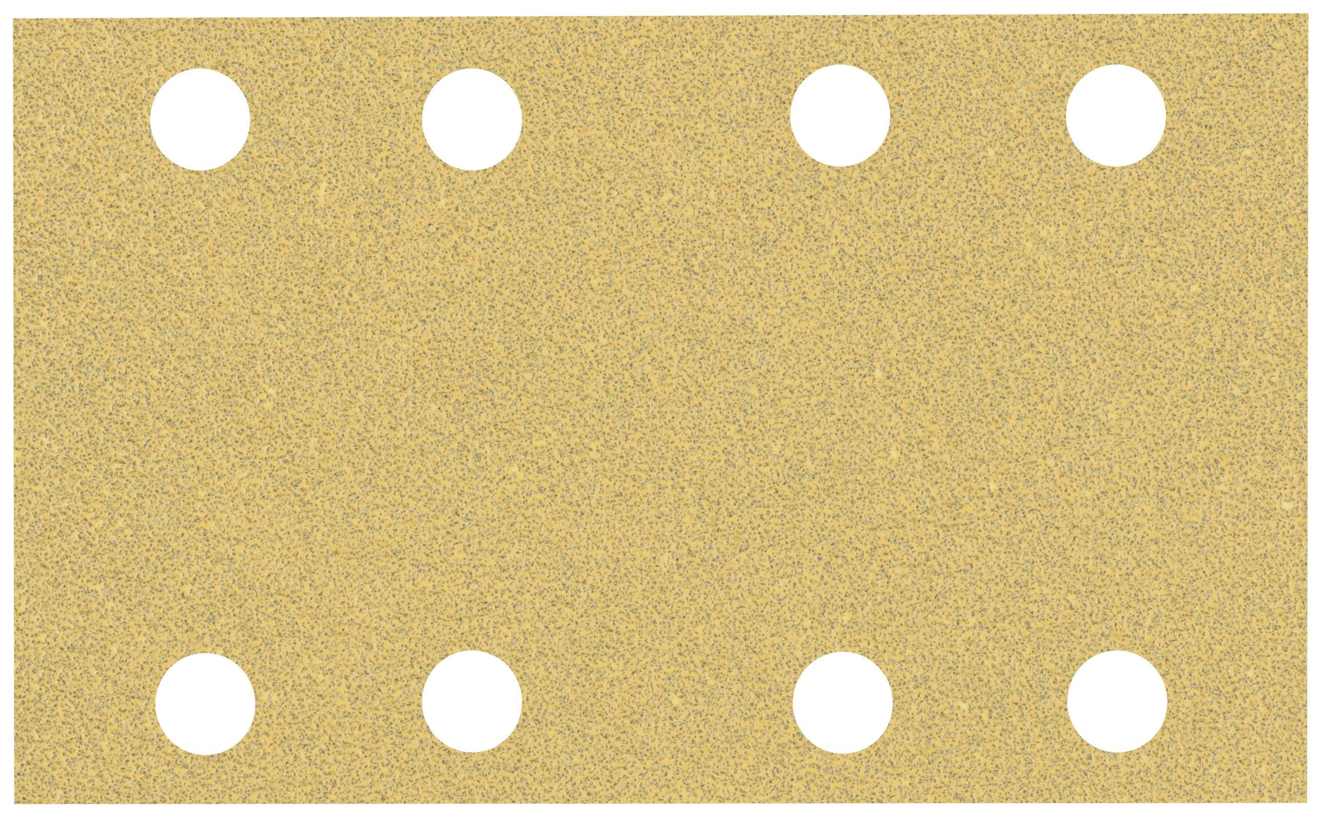 Ein rechteckiges Schleifpapier mit acht gleichmäßig verteilten runden Löchern. Farbe: gold-braun.