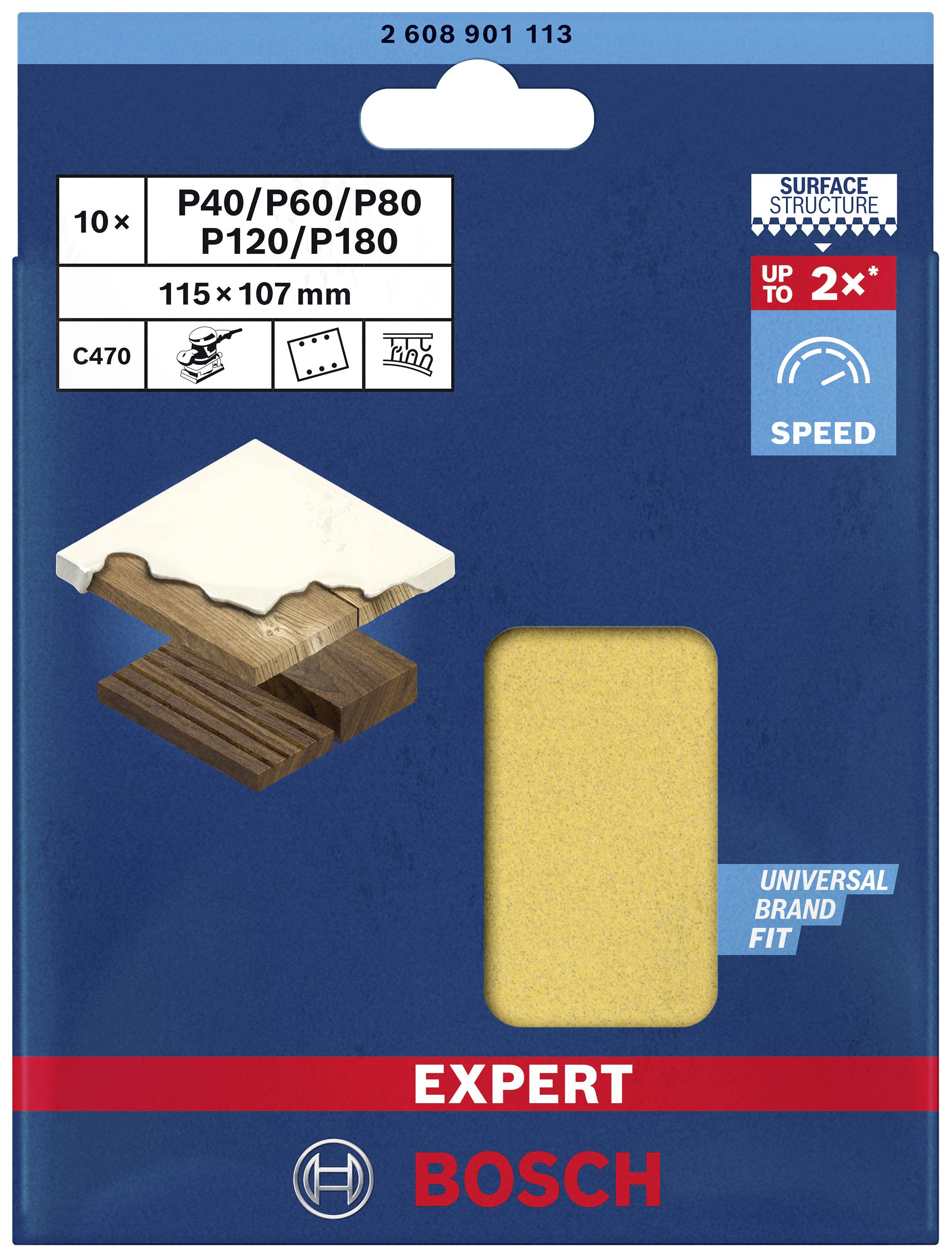 Schleifpapier-Packung mit 10 Blatt, Körnung P40 bis P180, Größe 115x107 mm. Geeignet für Holzoberflächen, hohe Schleifgeschwindigkeit.