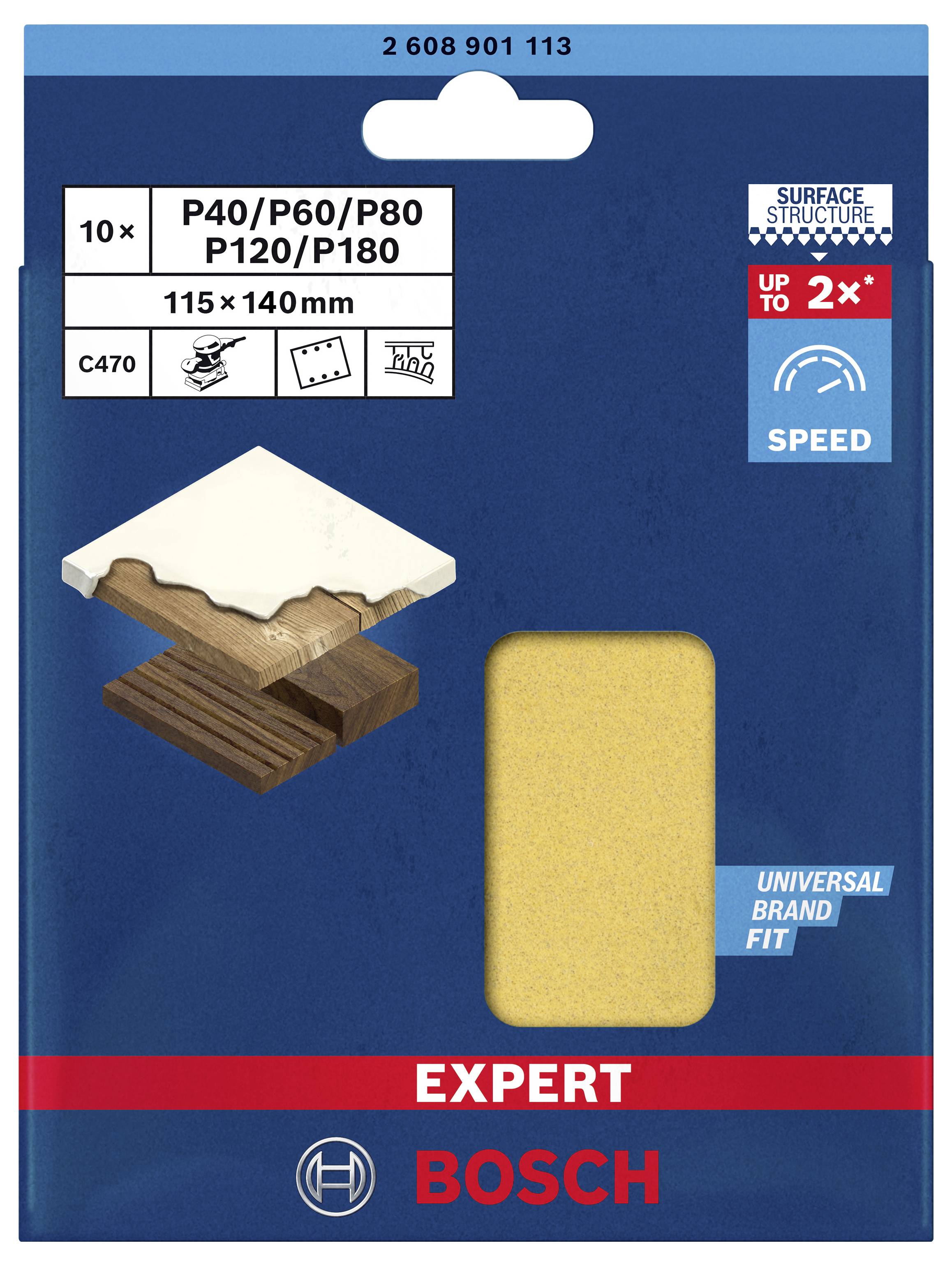Packung mit Schleifblättern für Holz. Enthält 10 Blätter in Körnungen P40, P60, P80, P120 und P180. Geeignet für 115 x 140 mm Schleifer.
