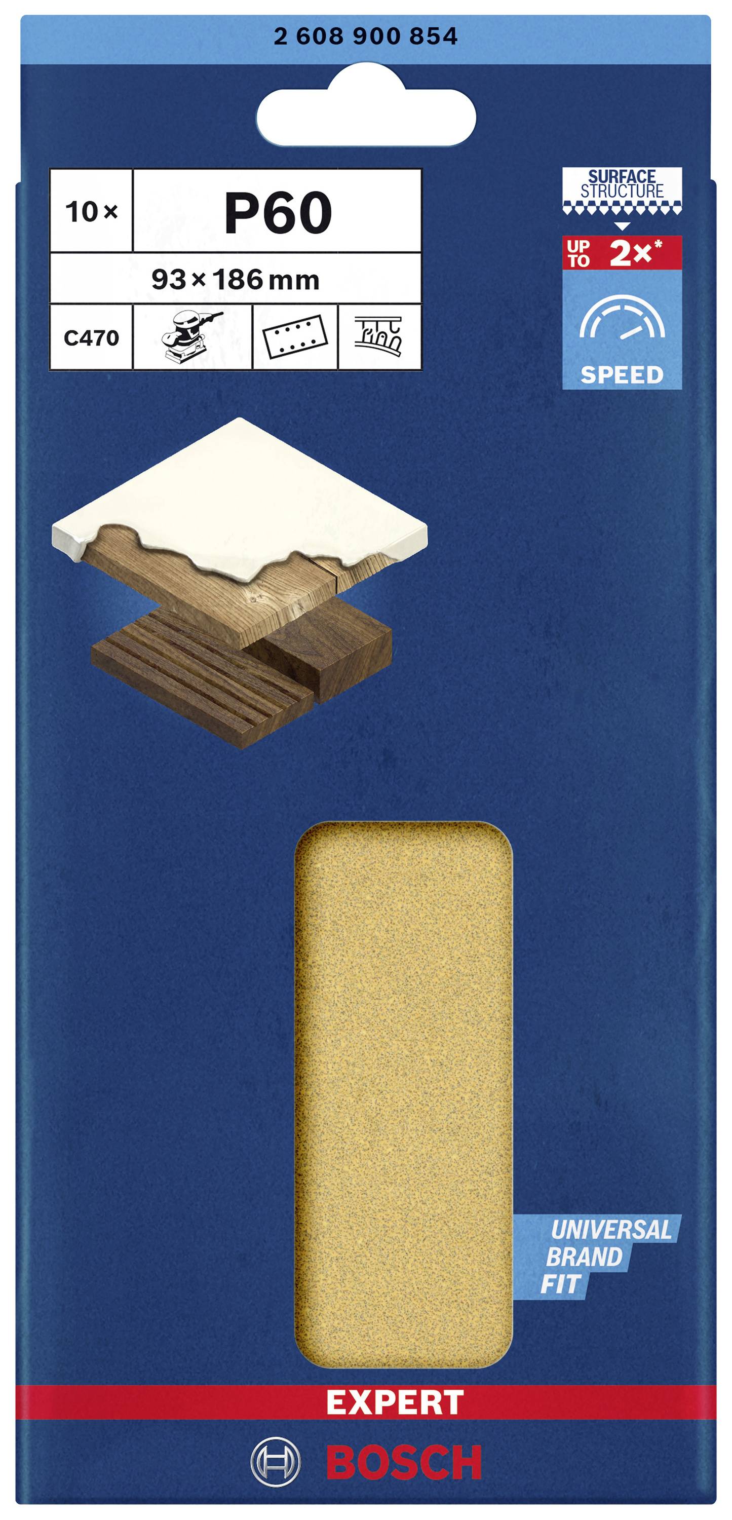 Verpackung von Schleifblättern der Marke Bosch. Enthält 10 Blätter, Größe 93 x 186 mm, Körnung P60. Geeignet für Holz und Metall.