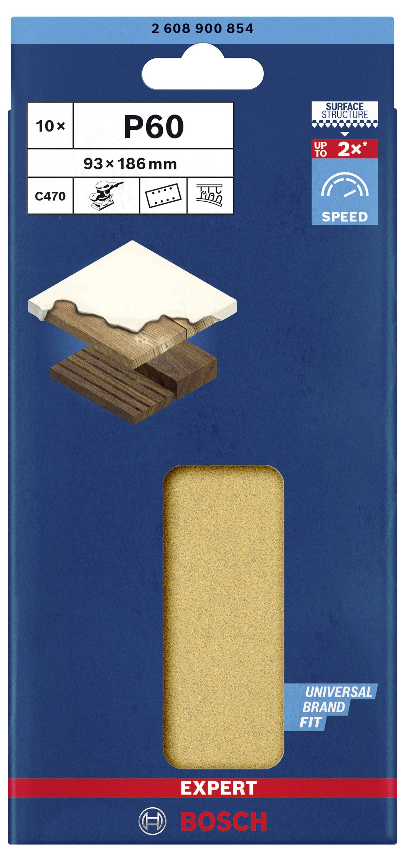 Packung mit Schleifpapier der Körnung P60, geeignet für Holz und Farbe. Marke Bosch, zehn Stück, Maße 93 x 186 mm.