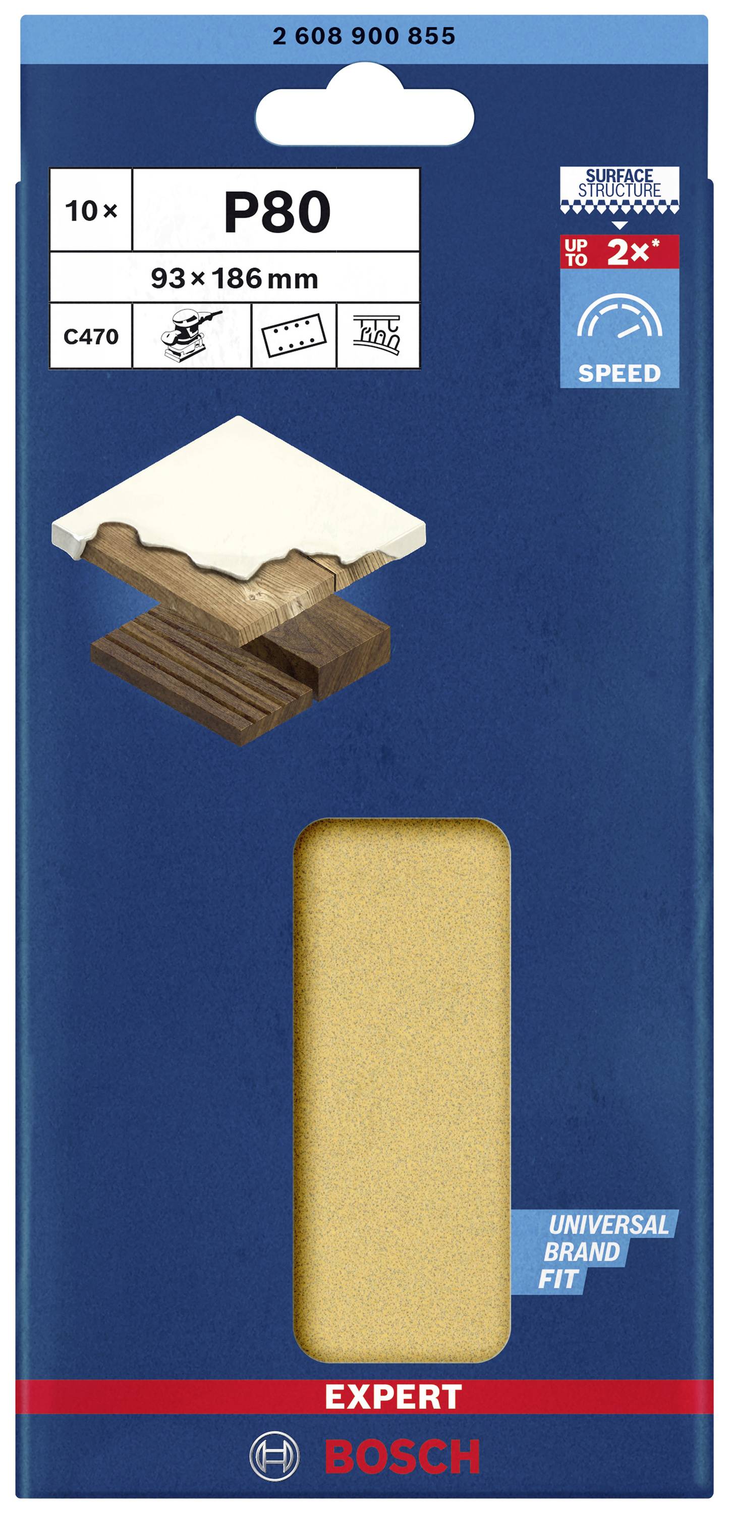 'Bosch Schleifblätter P80, 10 Stück, 93 x 186 mm, geeignet für Holz.' Verpackung in Blau mit Abbildung von Holzmaterial.