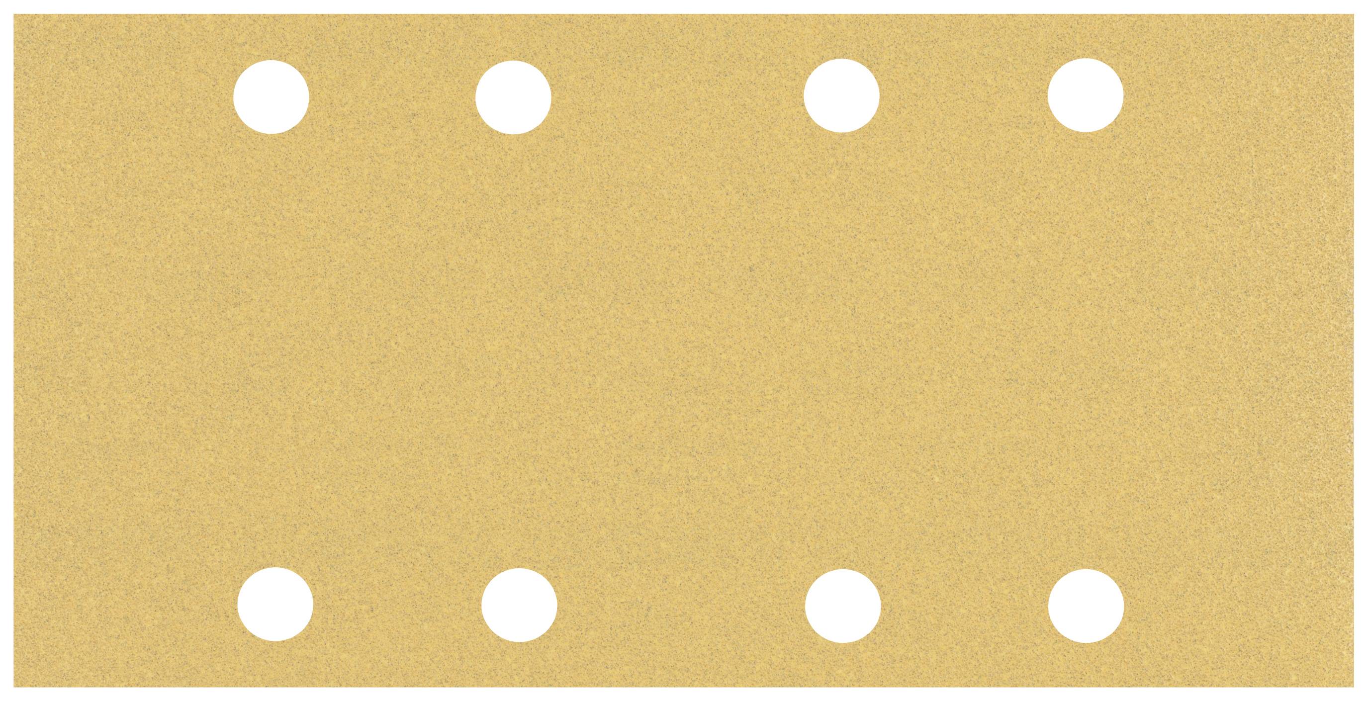 Sandpapier mit acht runden Löchern in zwei Reihen, vermutlich zur Verwendung mit einer Schleifmaschine angepasst.