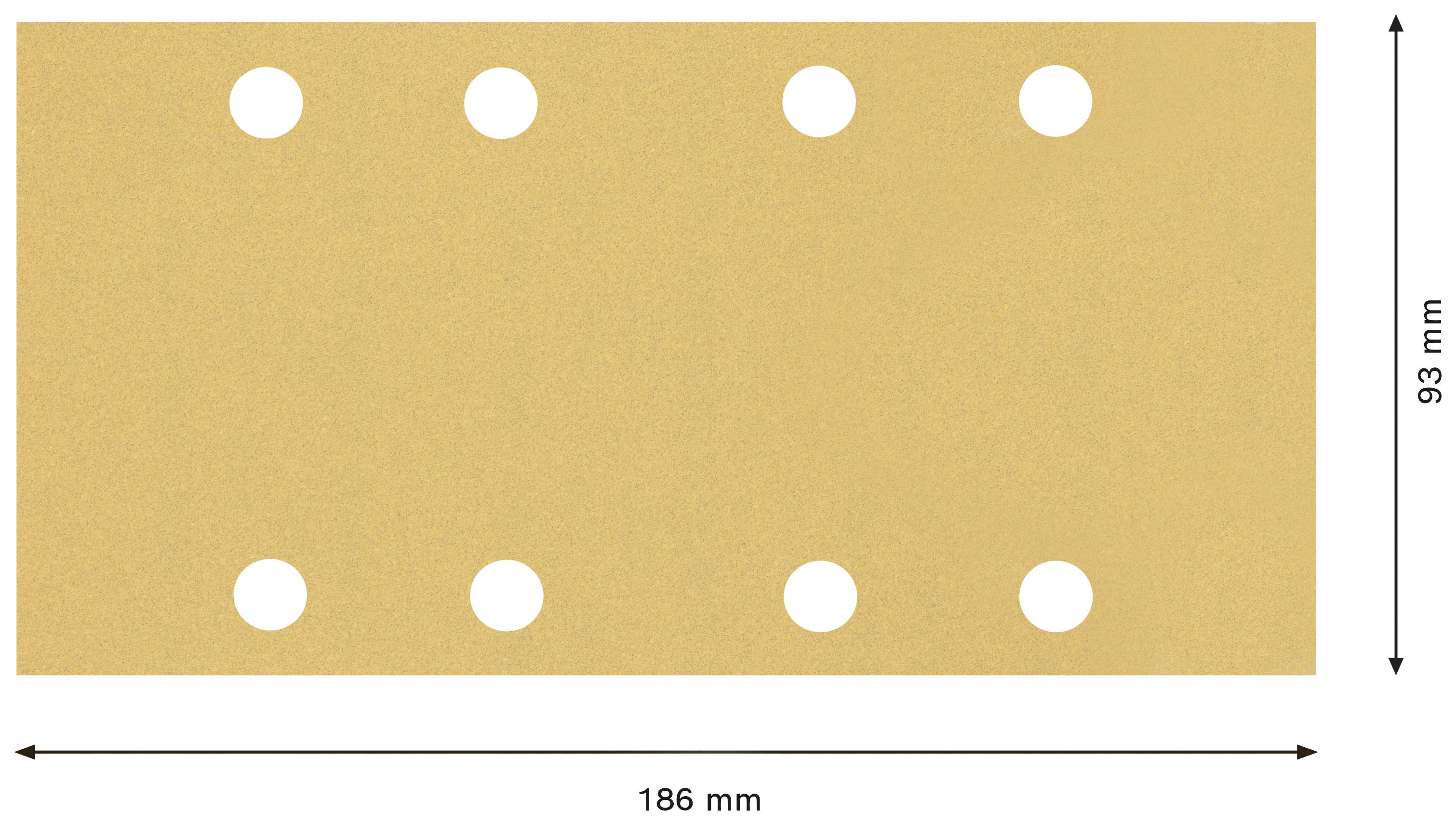 Rechteckiges Blatt mit sechs Löchern, Maße: 186 mm Breite, 93 mm Höhe.