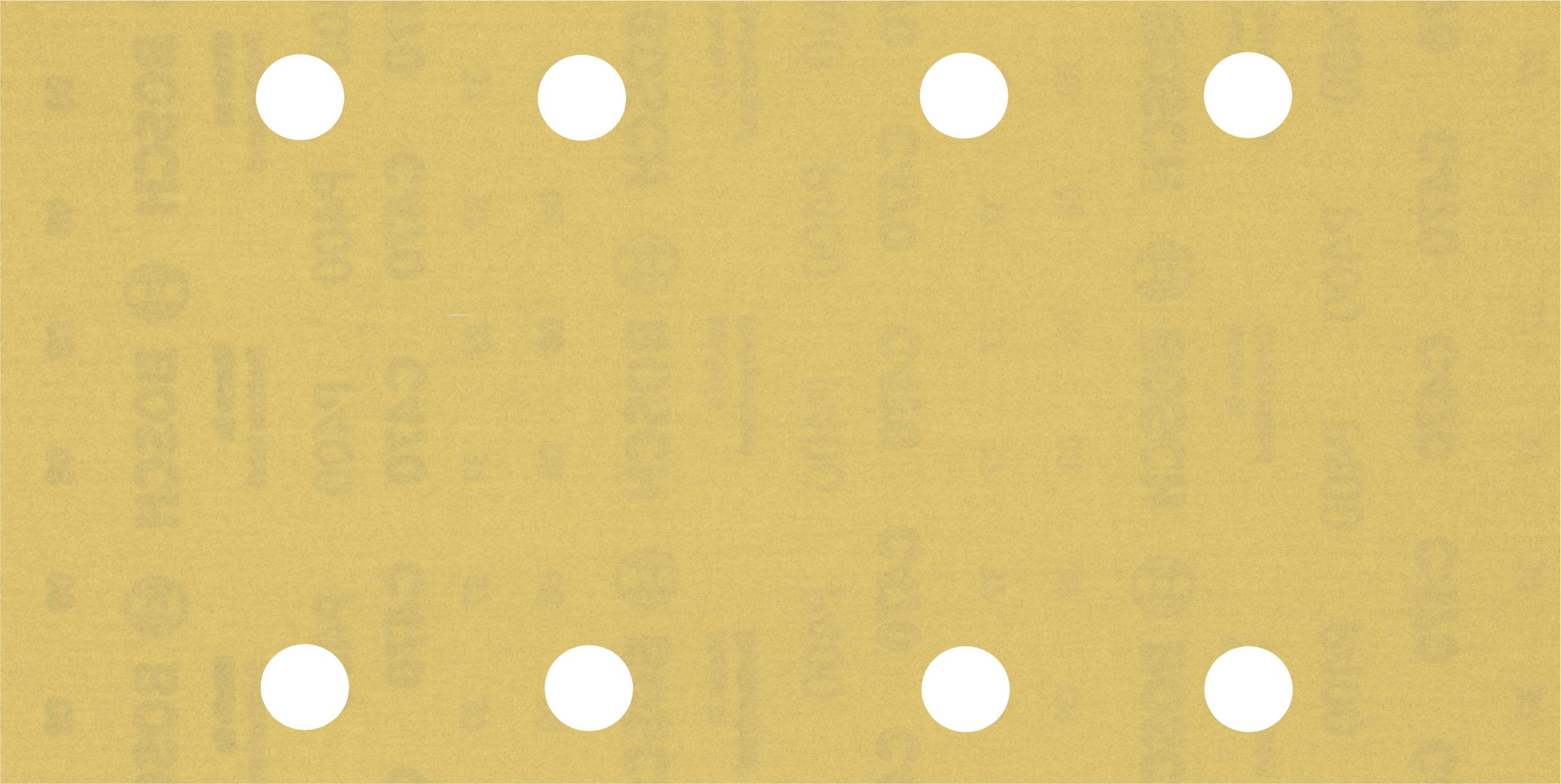 Gelbes Schleifpapier mit zehn gleichmäßig verteilten runden Löchern, vor einem neutralen Hintergrund.