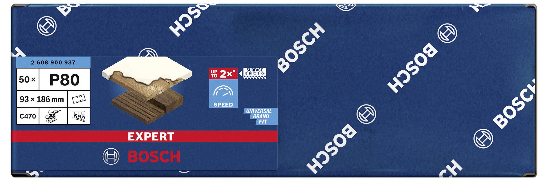 Schleifpapier-Packung von Bosch, Typ 'Expert', Körnung P80, 50 Blätter, Größe 93 x 186 mm, für Holz geeignet, verstärkte Geschwindigkeit.