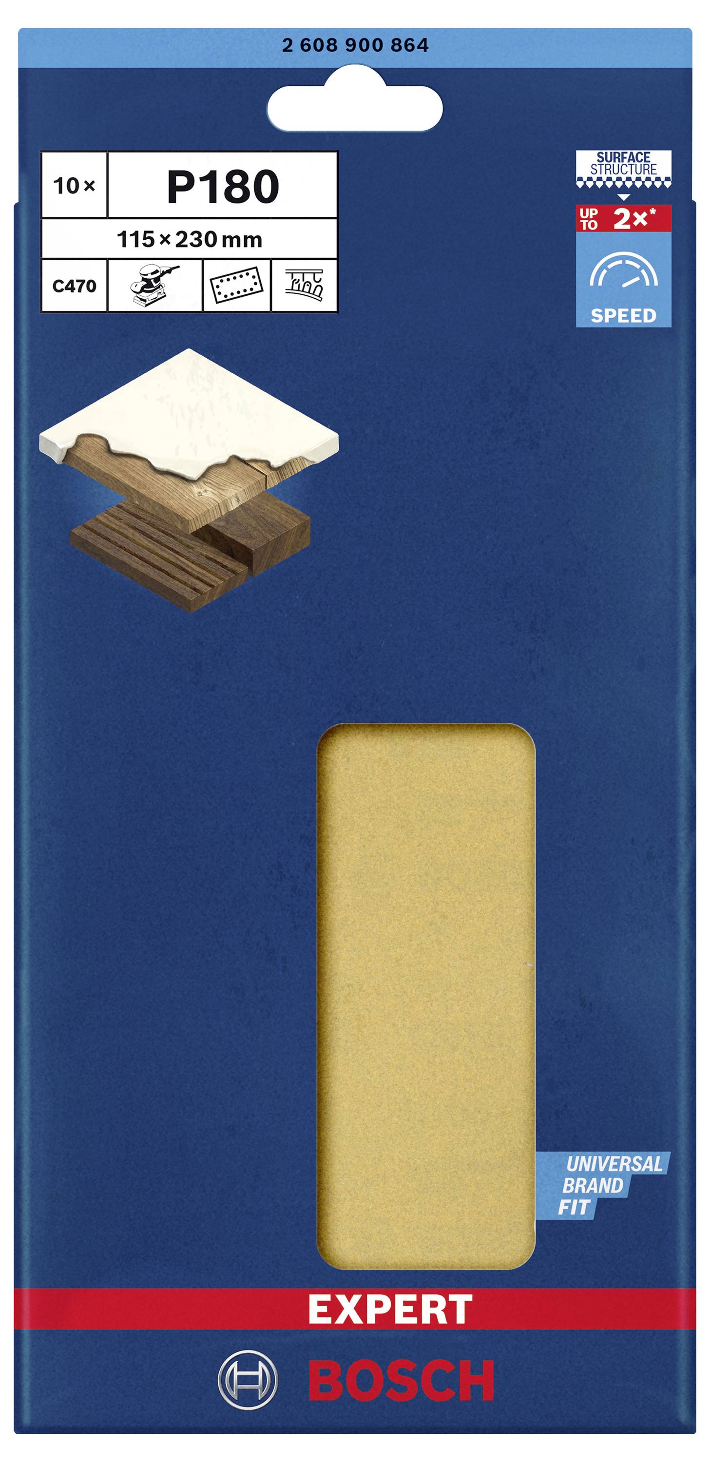 Verpackung von Bosch Schleifblättern P180, geeignet für Holz und Farbe, Maße 115 x 230 mm, 10 Stück, Universalmarken passend.