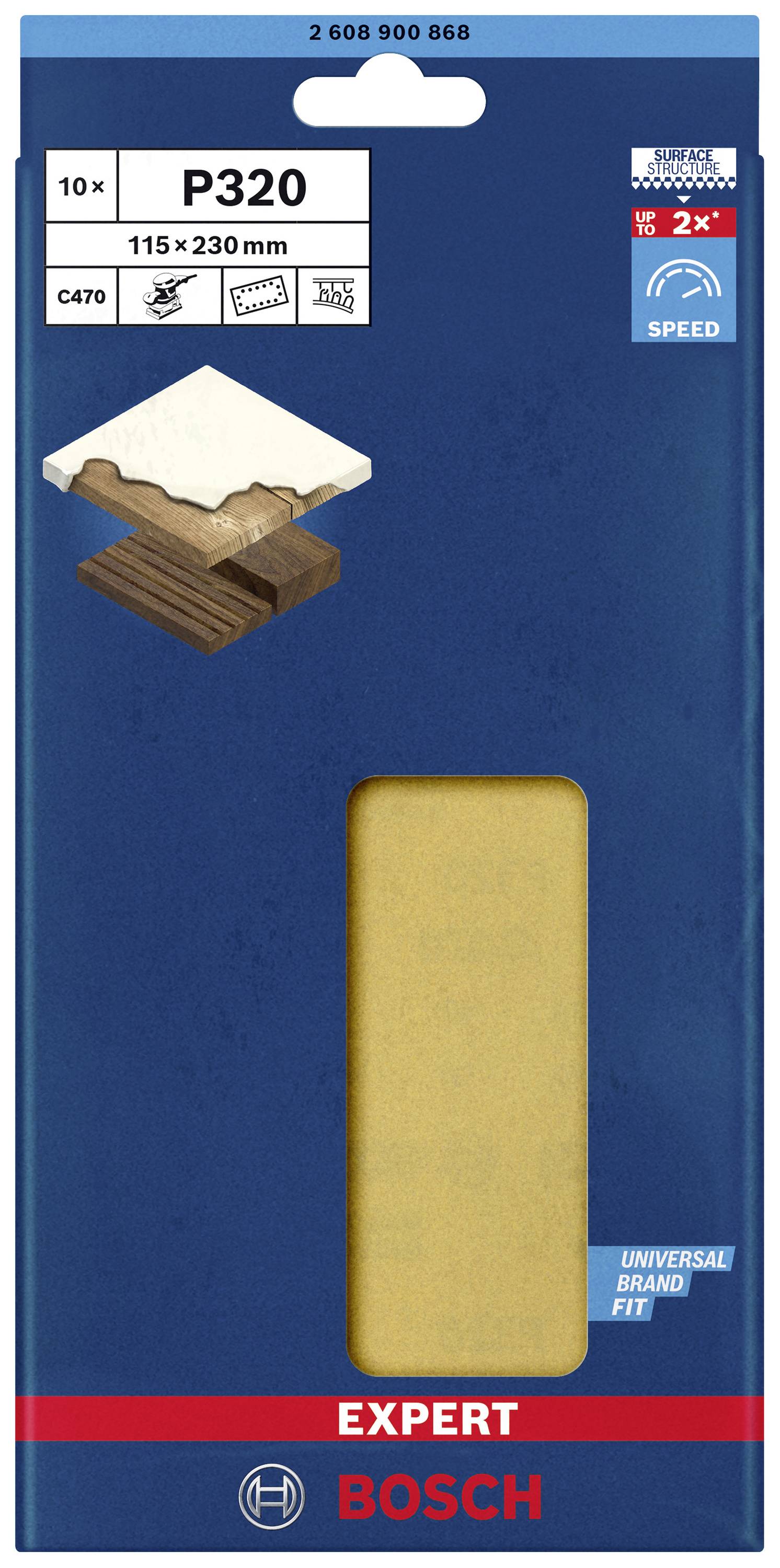 'Bosch' Schleifpapier Verpackung P320, für Holz und Farbe, 115x230 mm. Oben links Scheibenabbildung. Unten 'EXPERT' Aufschrift.