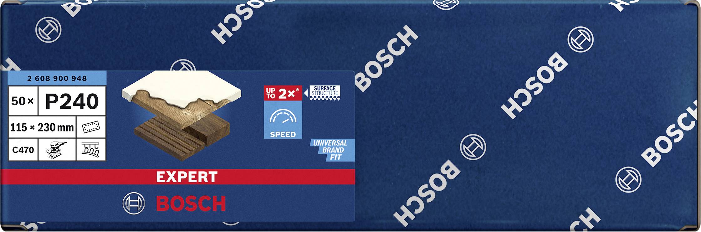 Bosch Schleifpapier P240, 50 Stück, 115x230 mm, geeignet für Holz. Verpackung in Blau mit Markenlogo und Produktinformationen.