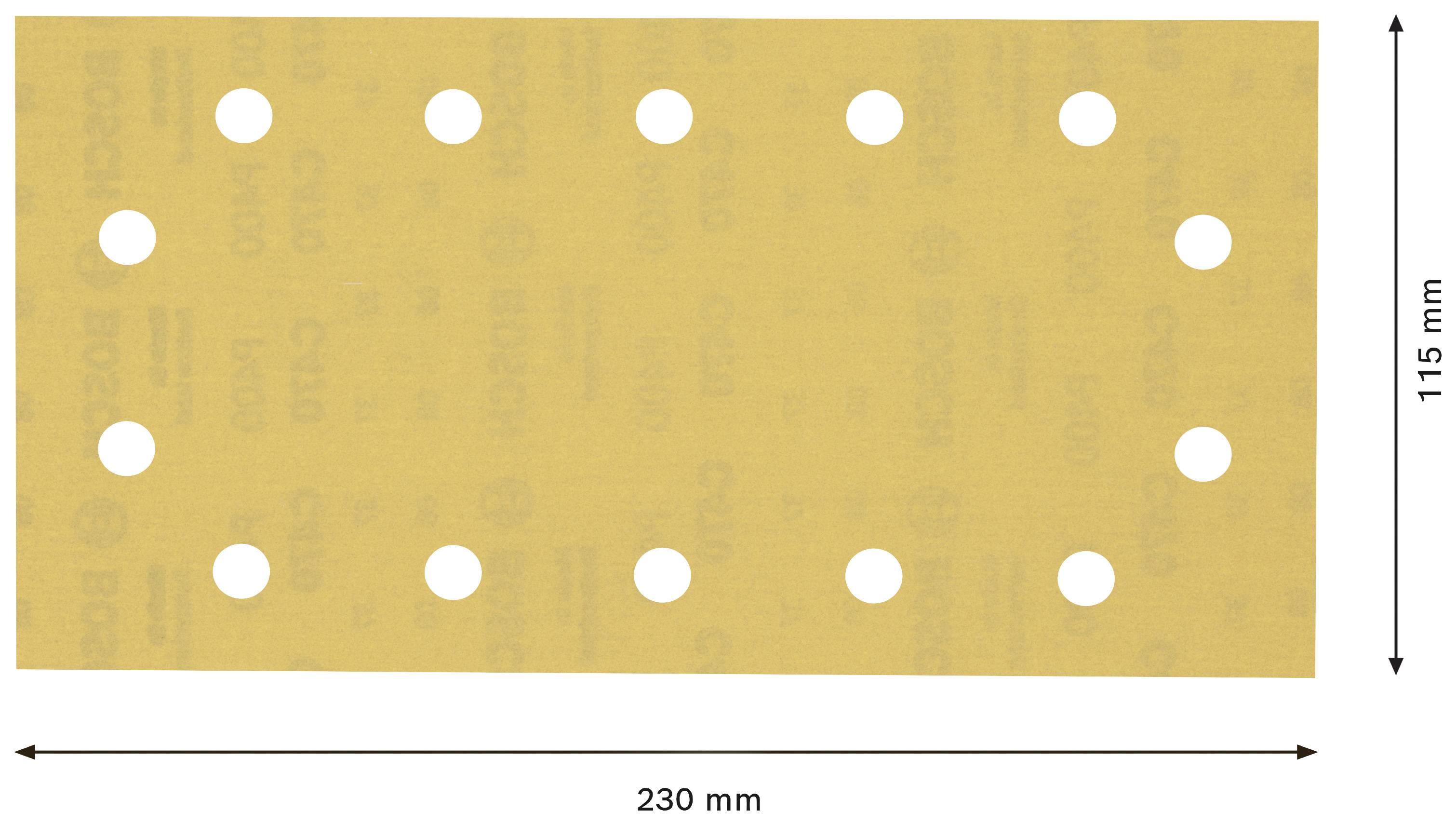 Ein rechteckiges Schleifpapier mit Maßen 230 mm x 115 mm, enthält 14 symmetrische Löcher für Staubabsaugung.