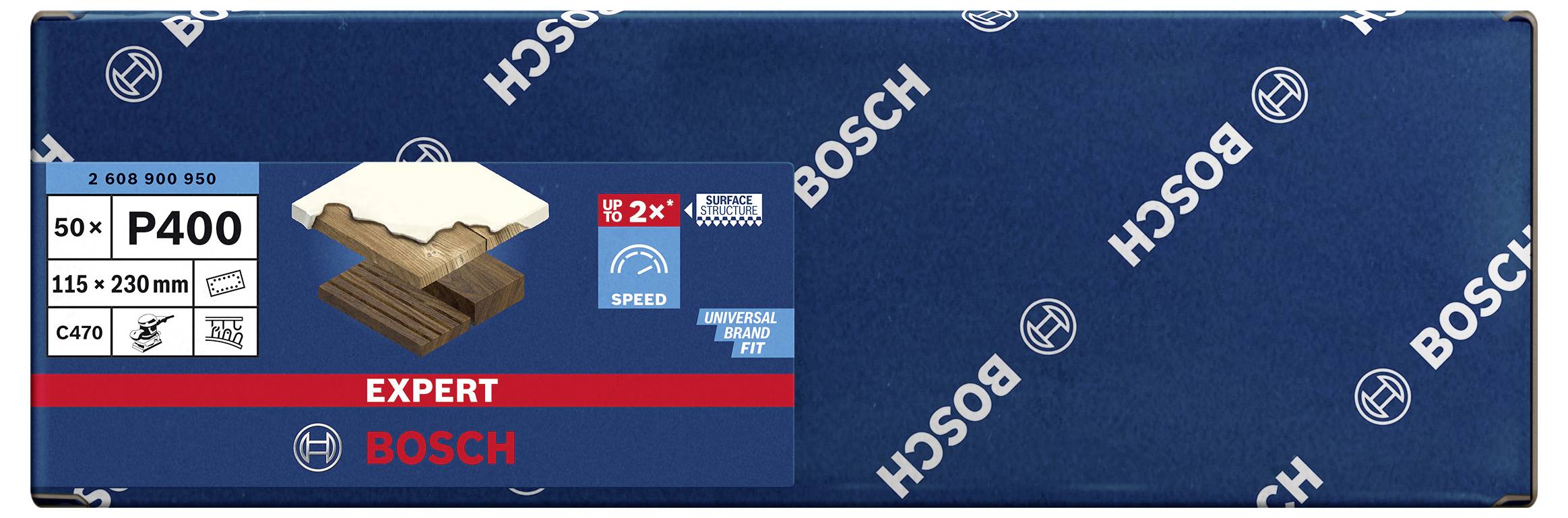 Schleifpapier-Set von Bosch, 50 Blatt, Körnung P400, geeignet für Holz- und Metalloberflächen, schnelle Abtragsrate, universelle Passform.