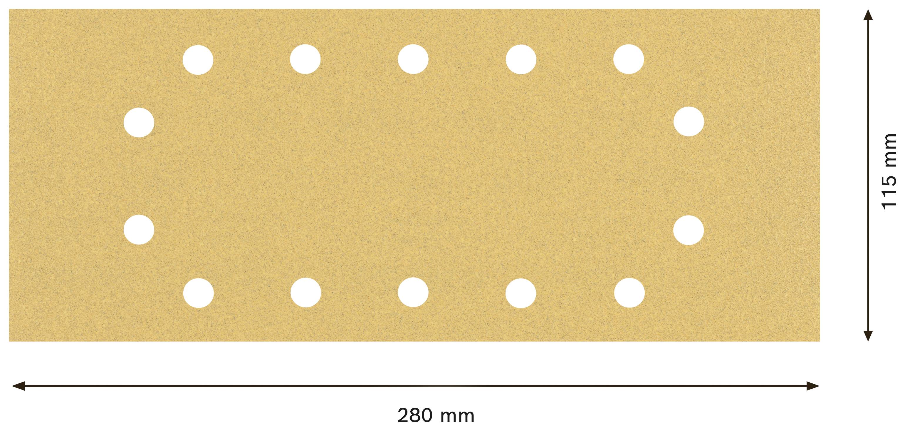 Rechteckiges Schleifpapier mit 19 runden Löchern, Abmessungen 280 mm x 115 mm.