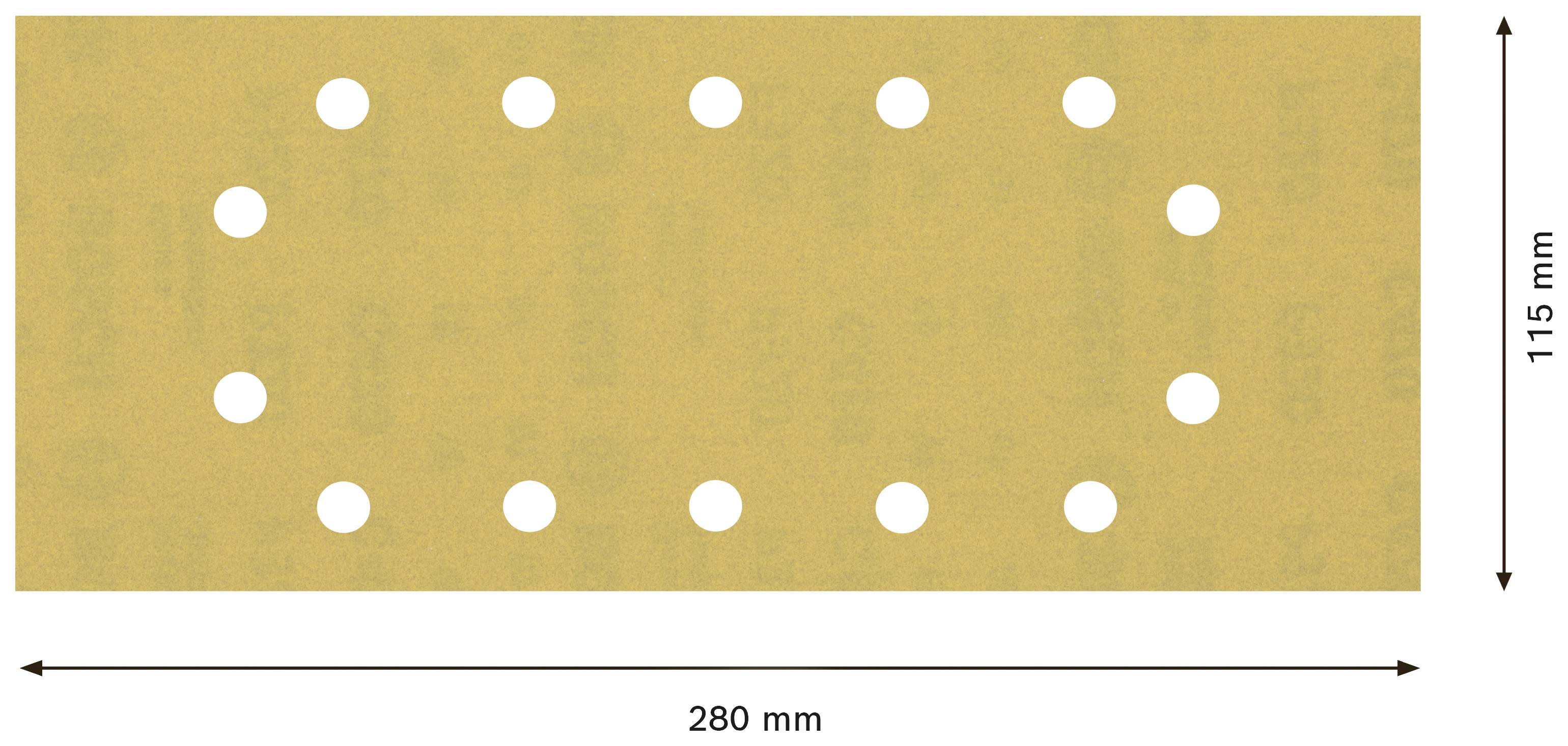 Rechteckiges, gelbes Schleifpapier mit 20 runden Löchern in zwei Reihen. Maße: 280 mm x 115 mm. Arrows zeigen Länge und Breite.