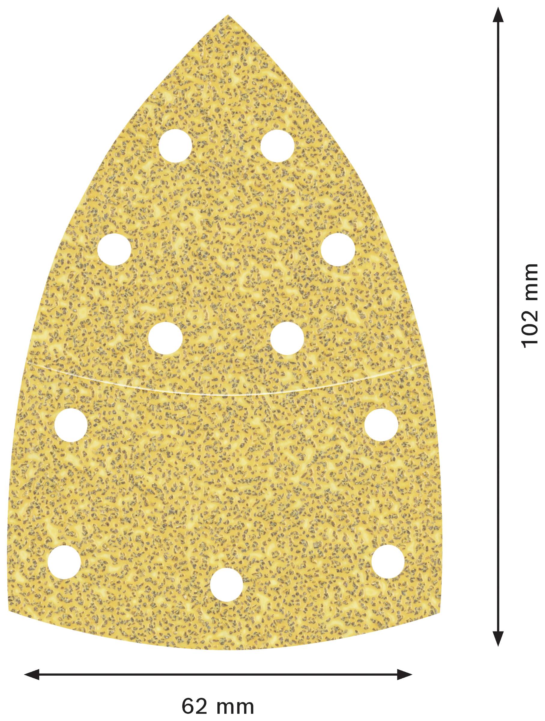 Abbildung eines blattförmigen Schleifpapiers mit 10 gleichmäßig verteilten Löchern. Breite: 62 mm, Höhe: 102 mm.