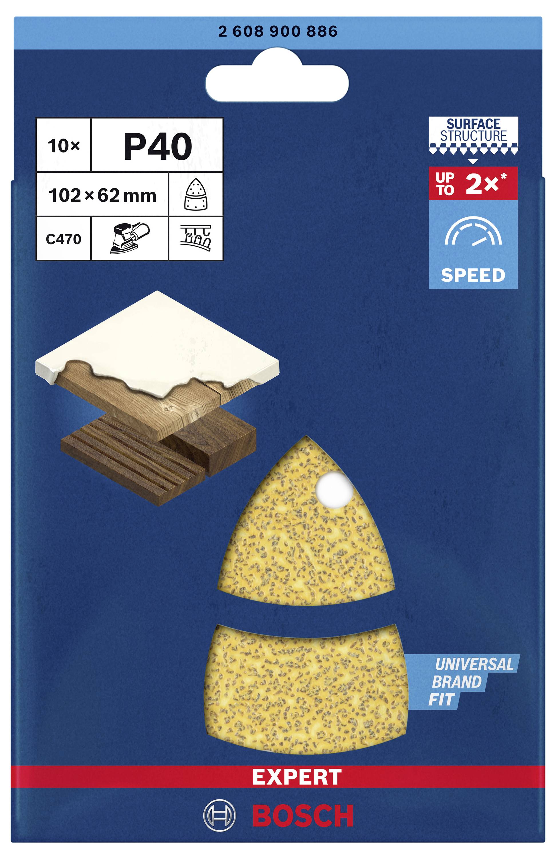 Verpackung für Bosch Schleifblätter P40, 10 Stück, 102 x 62 mm. Fördert schnellere Schleifgeschwindigkeit und universelle Passform.