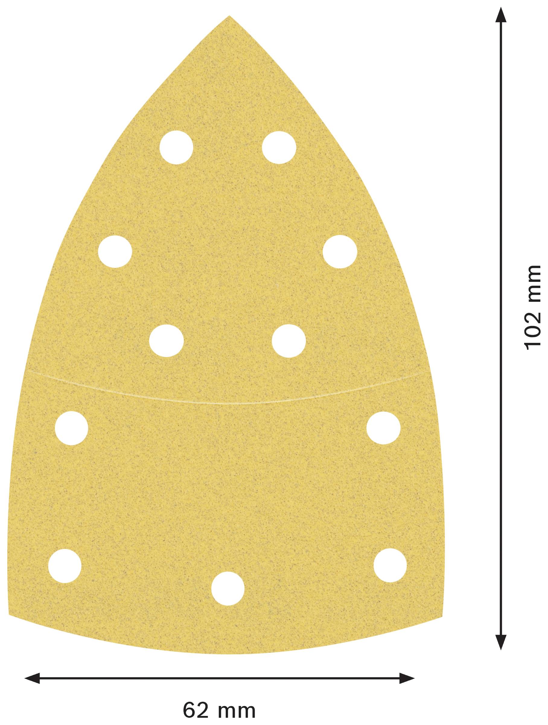Bügeleisenförmiger Schleifpapieraufsatz mit 11 Löchern; Maße: 102 mm Länge, 62 mm Breite.
