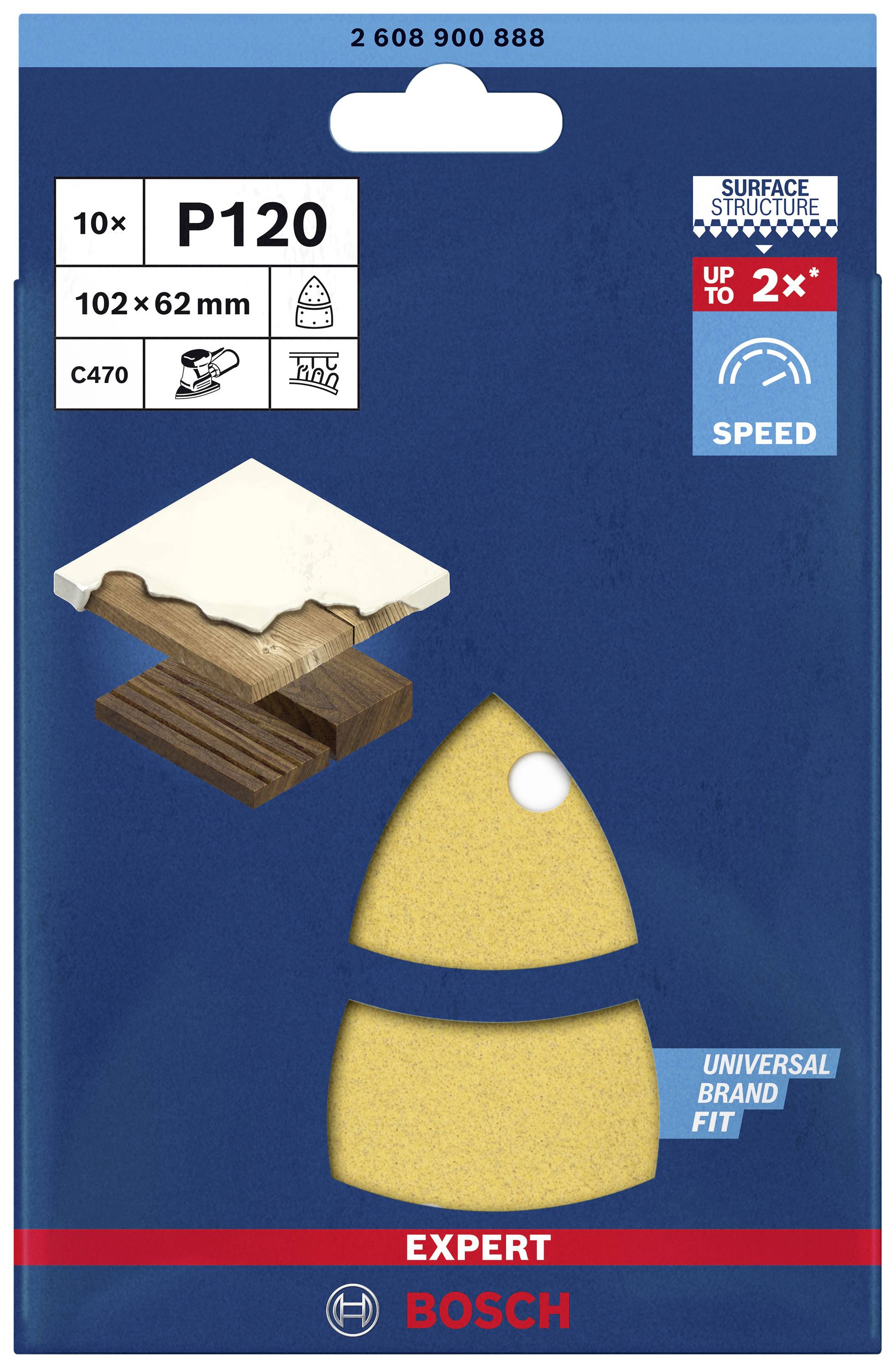 Verpackung für Schleifpapier von Bosch, Körnung P120, 10 Stück. Hervorgehoben: Erhöhte Geschwindigkeit, Universalfit, Größe 102 x 62 mm.
