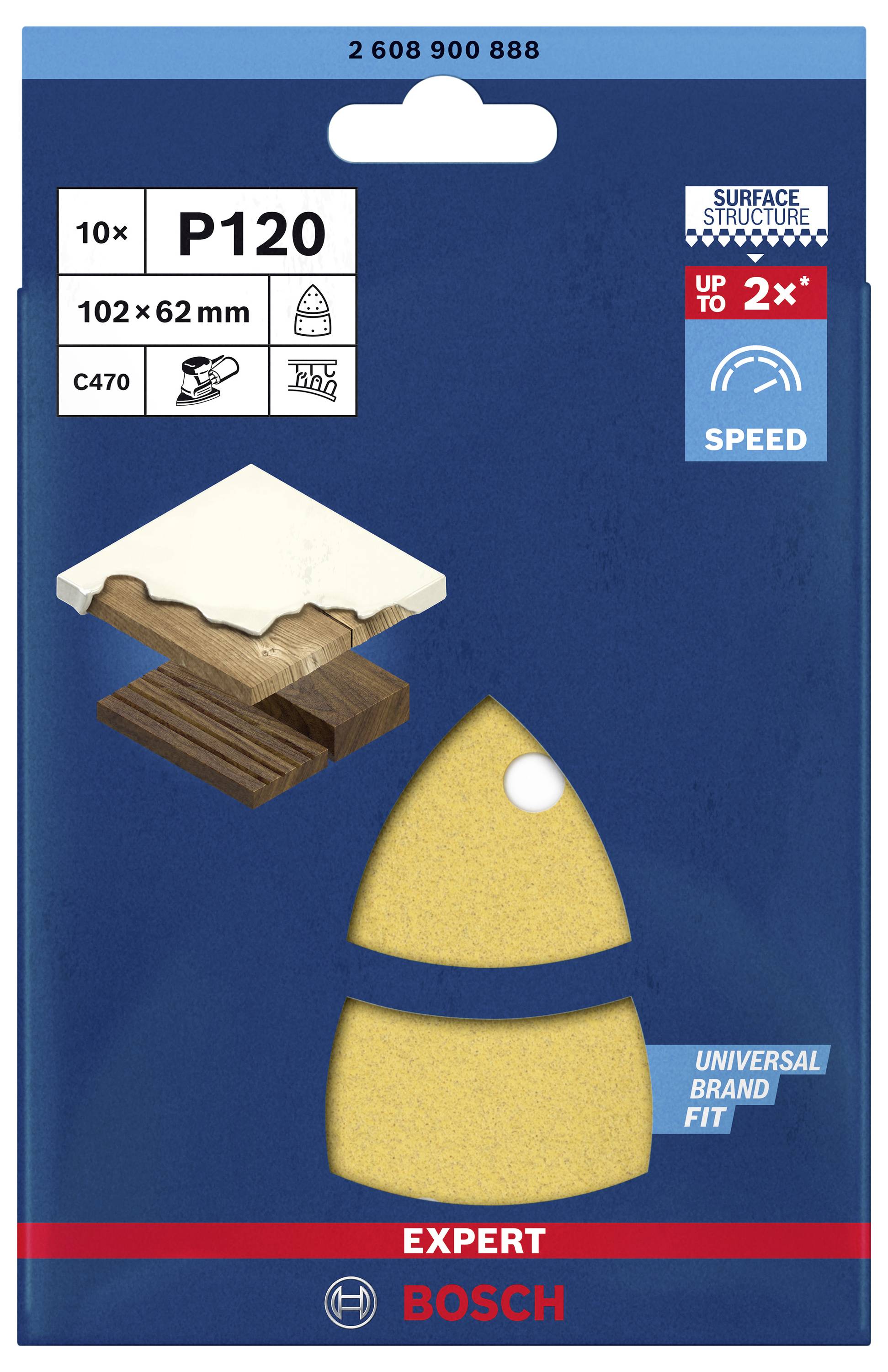 Produktfoto von Bosch-Schleifpapier, Modell P120, Maße 102 x 62 mm, geeignet für Holz. Auf der Verpackung: Erhöhung der Schleifgeschwindigkeit um bis zu 2-fach.