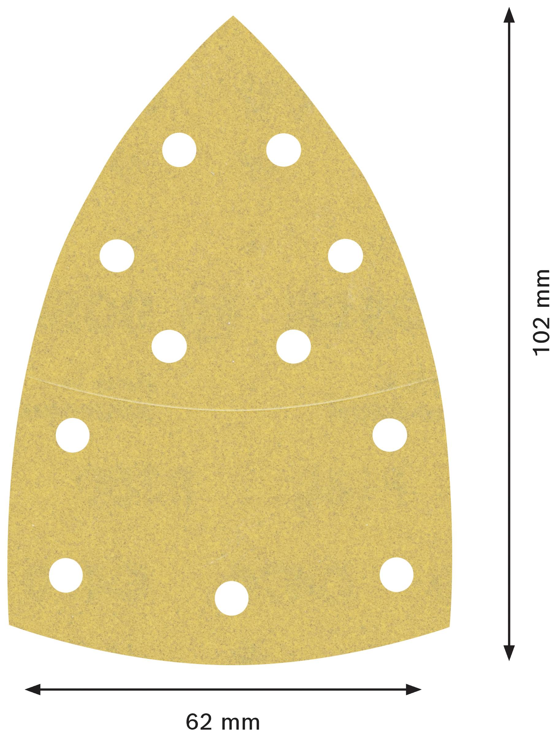 Abbildung eines Schleifpapiers, trapezförmig mit abgerundeter Spitze, 102 mm hoch und 62 mm breit, hat neun Löcher in gleichmäßigen Abständen verteilt.