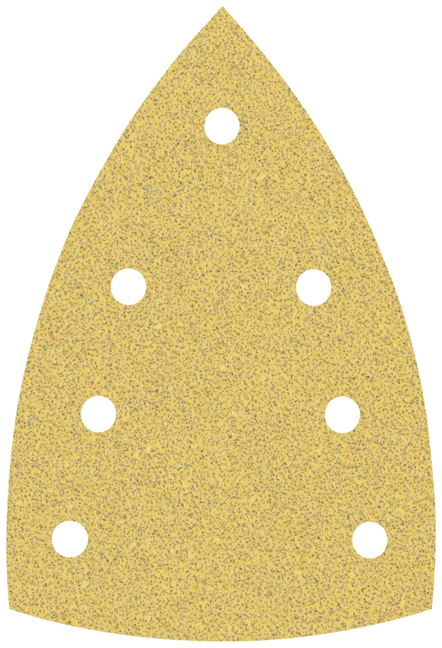 Schleifblatt in Dreiecksform mit sechs Löchern, geeignet für Handschleifer. Sandpapier in Granitoptik, typisch für Schleifarbeiten.
