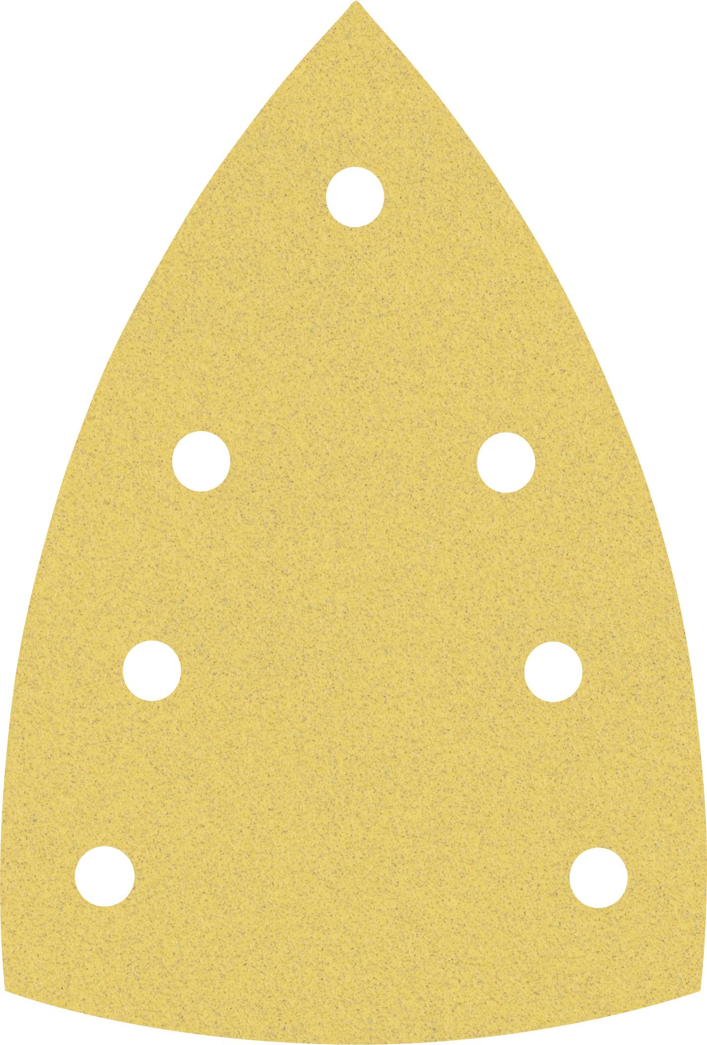 Goldenes, tropfenförmiges Schleifpapier mit sieben symmetrisch platzierten Löchern, verwendet für Detail- und Präzisionsarbeit.