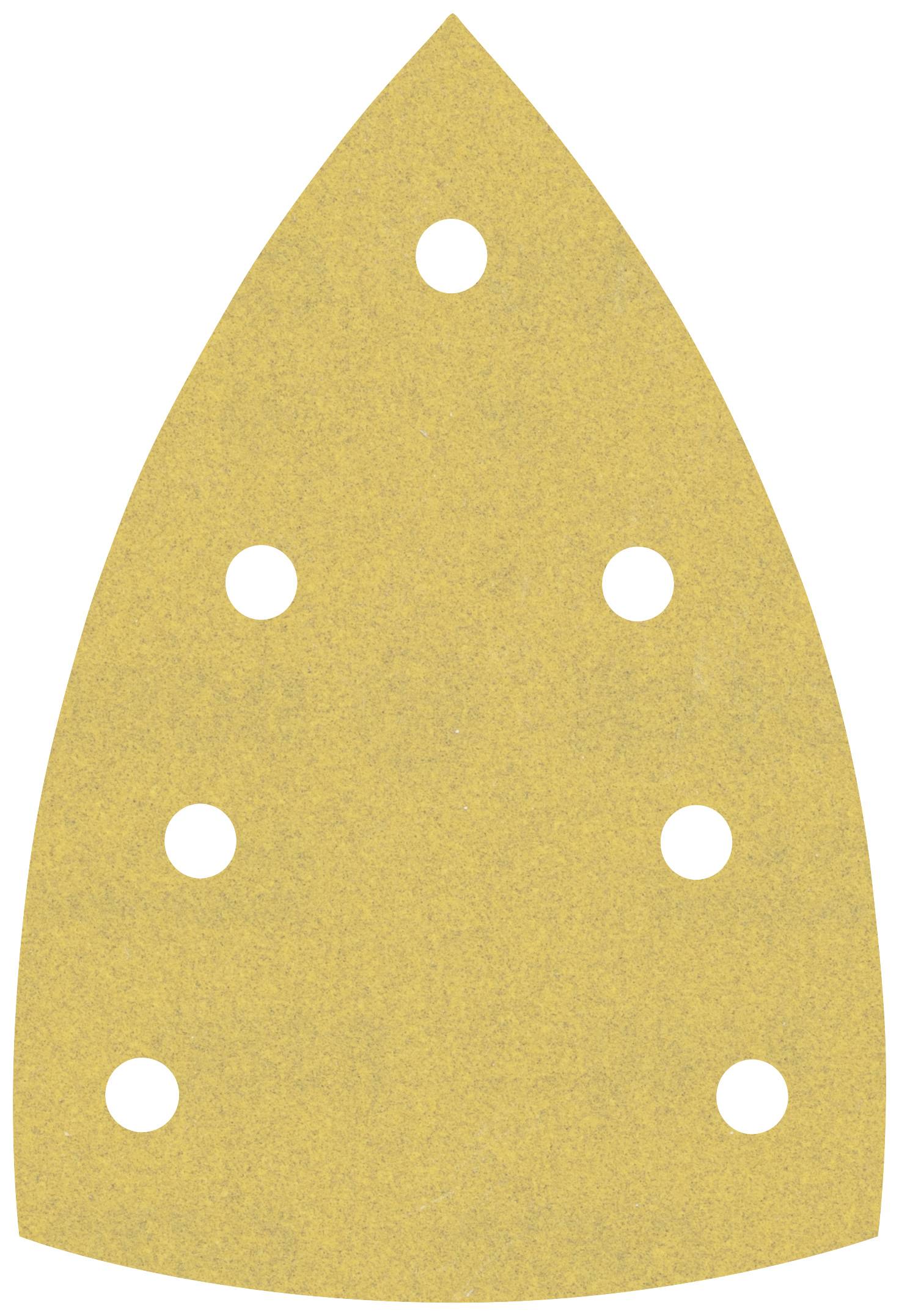 Bügeleisenförmiges Sandpapier mit acht Löchern für Schleifmaschinen. Beige Oberfläche, geeignet für Holz- oder Metallbearbeitung.