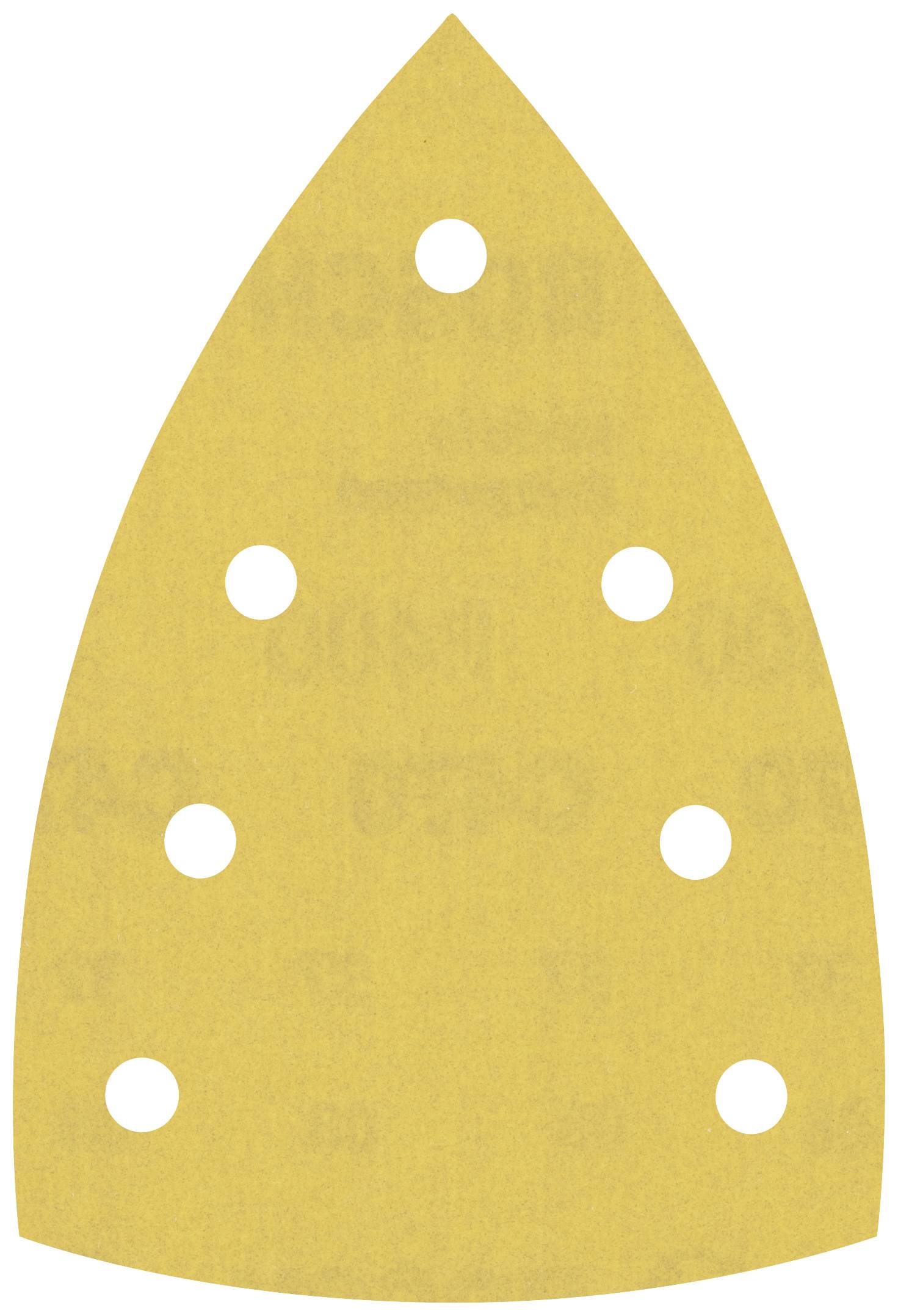 Ein gelbes Schleifpapier in der Form einer Bügeleisensohle mit sieben Löchern.