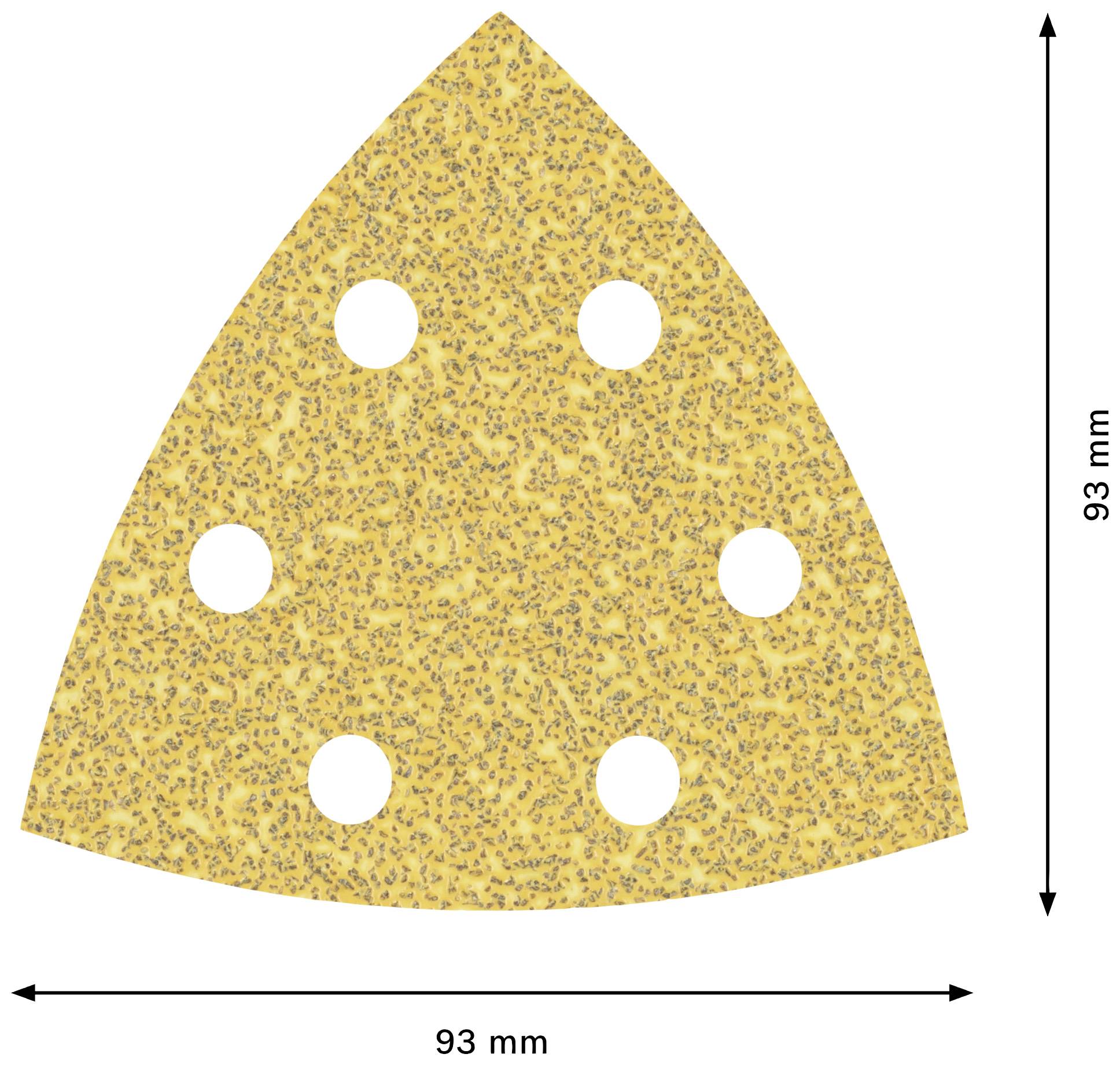 Dreieckiges Schleifpapier mit sechs Löchern. Maße: 93 mm x 93 mm.