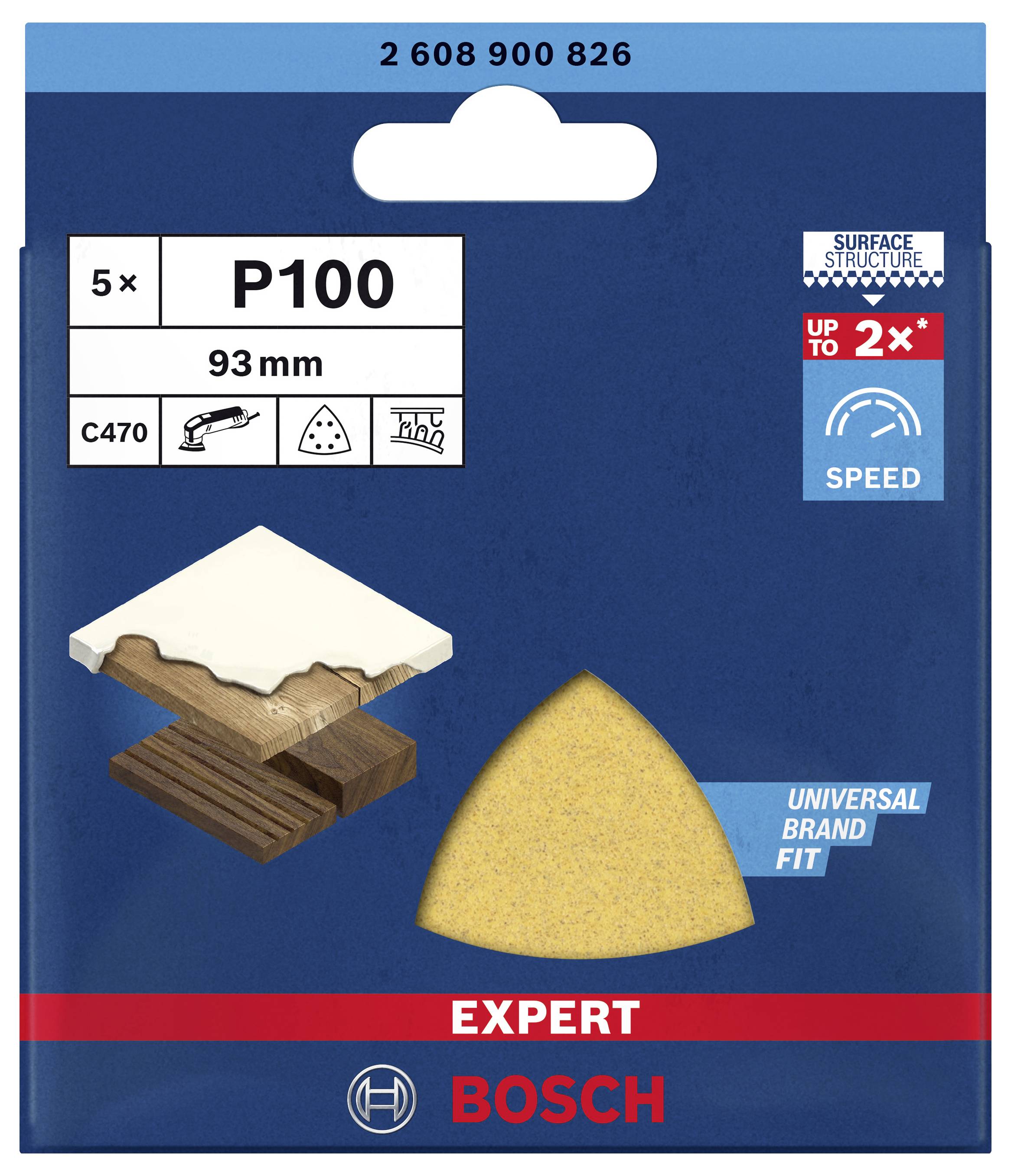 'Bosch Expert Schleifpapier P100, 93mm, 5er-Pack'; für Holz- und Farboberflächen; erhöht Geschwindigkeit um bis zu 2x.