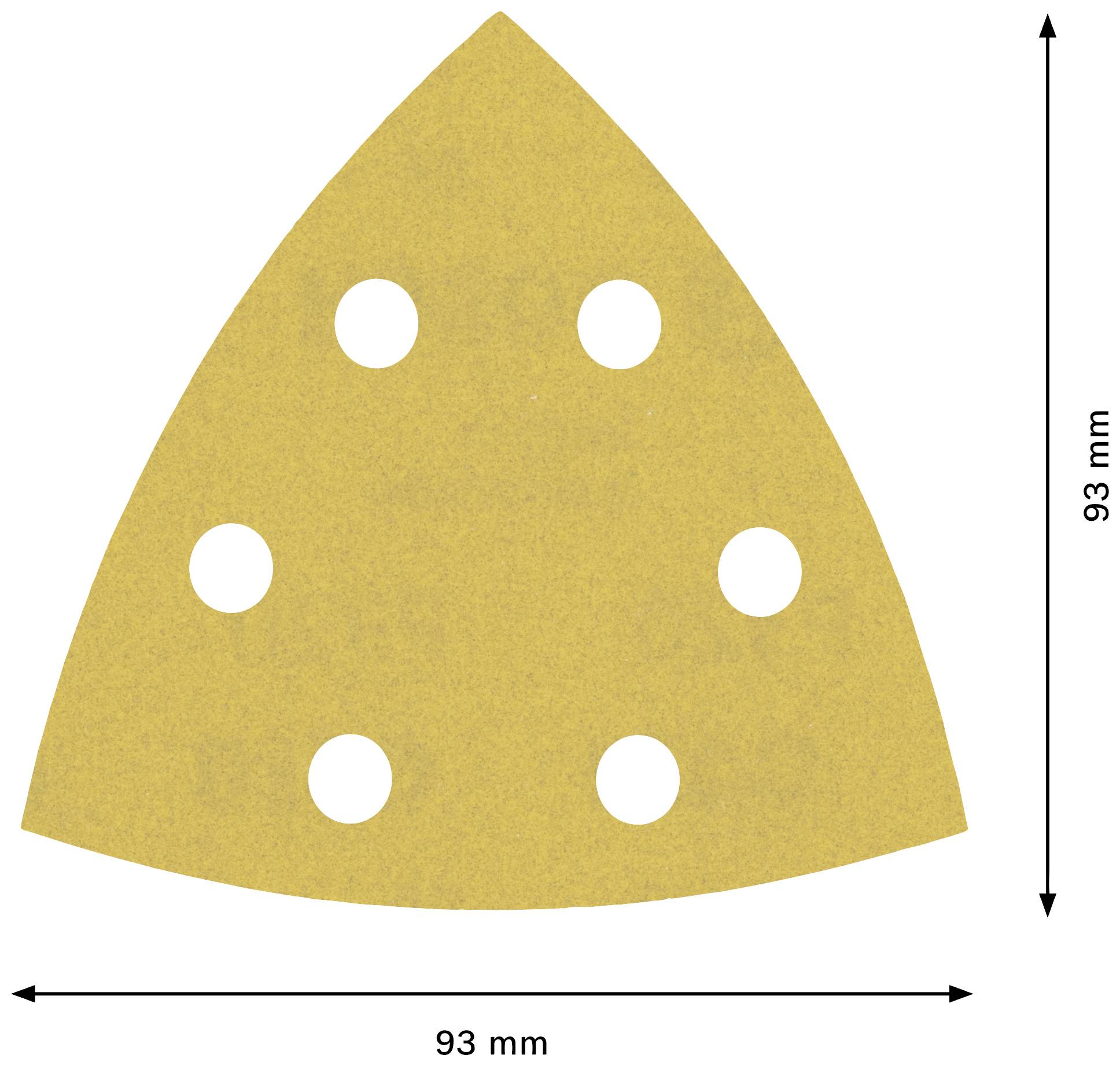 Ein dreieckiges Schleifpapier mit sechs Löchern, 93 mm x 93 mm.