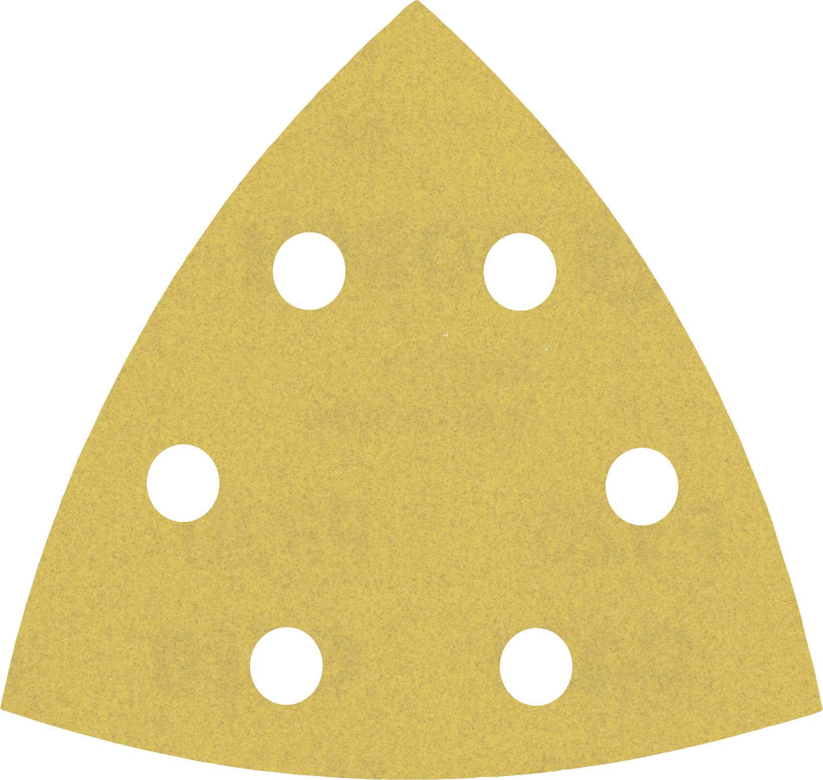 Schleifpapierblatt in dreieckiger Form mit sechs gleichmäßig verteilten Löchern.