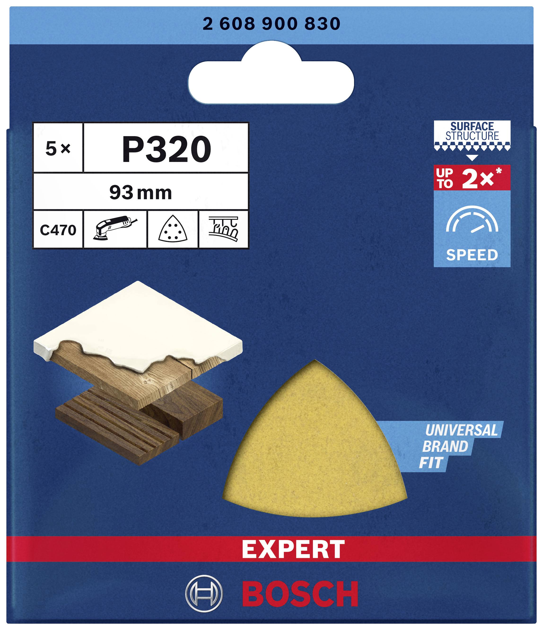 Packung mit fünf Bosch Schleifblättern P320 für Holz, 93 mm, geeignet für Expert-Oberflächenbearbeitung; doppelte Geschwindigkeit.