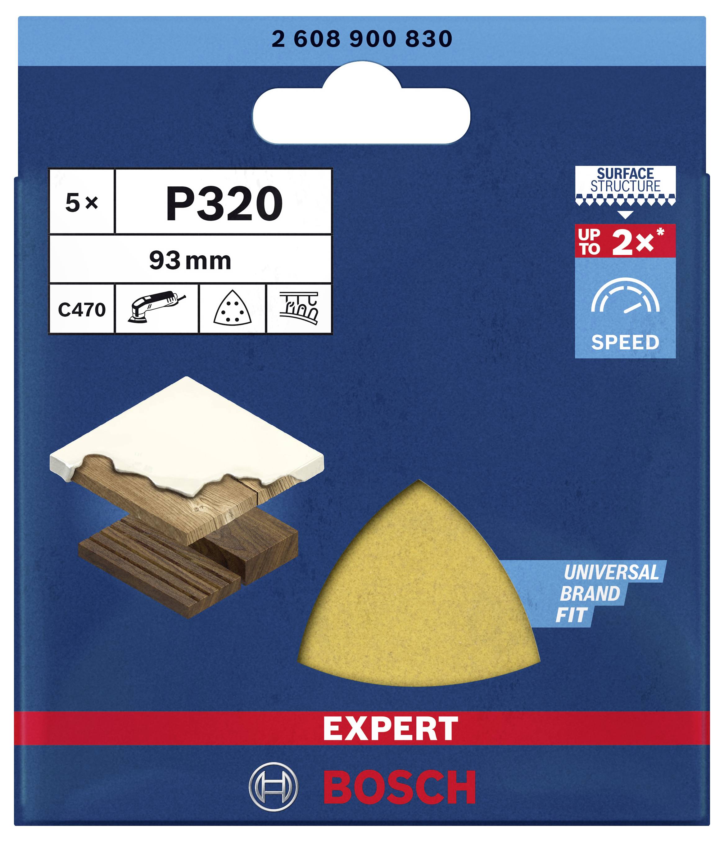 Bosch Expert Schleifpapier P320, 5 Stück, dreieckige Form, 93 mm, für Holz- und Farbbearbeitung, erhöht die Schleifgeschwindigkeit um bis zu 2x.