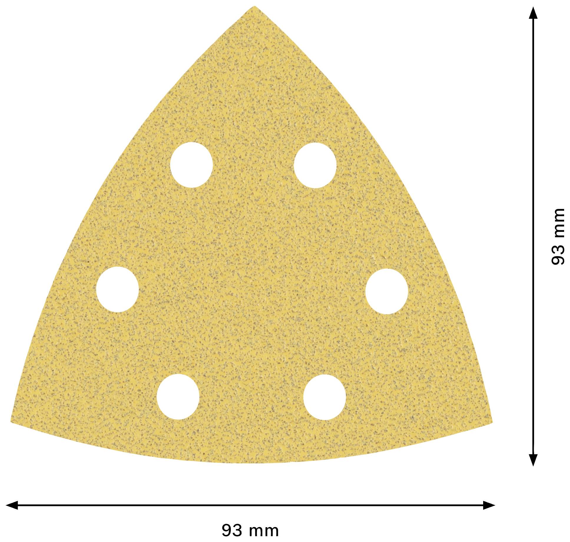 Dreieckiges Schleifpapier mit sechs Löchern, 93 mm x 93 mm, vor weißem Hintergrund.